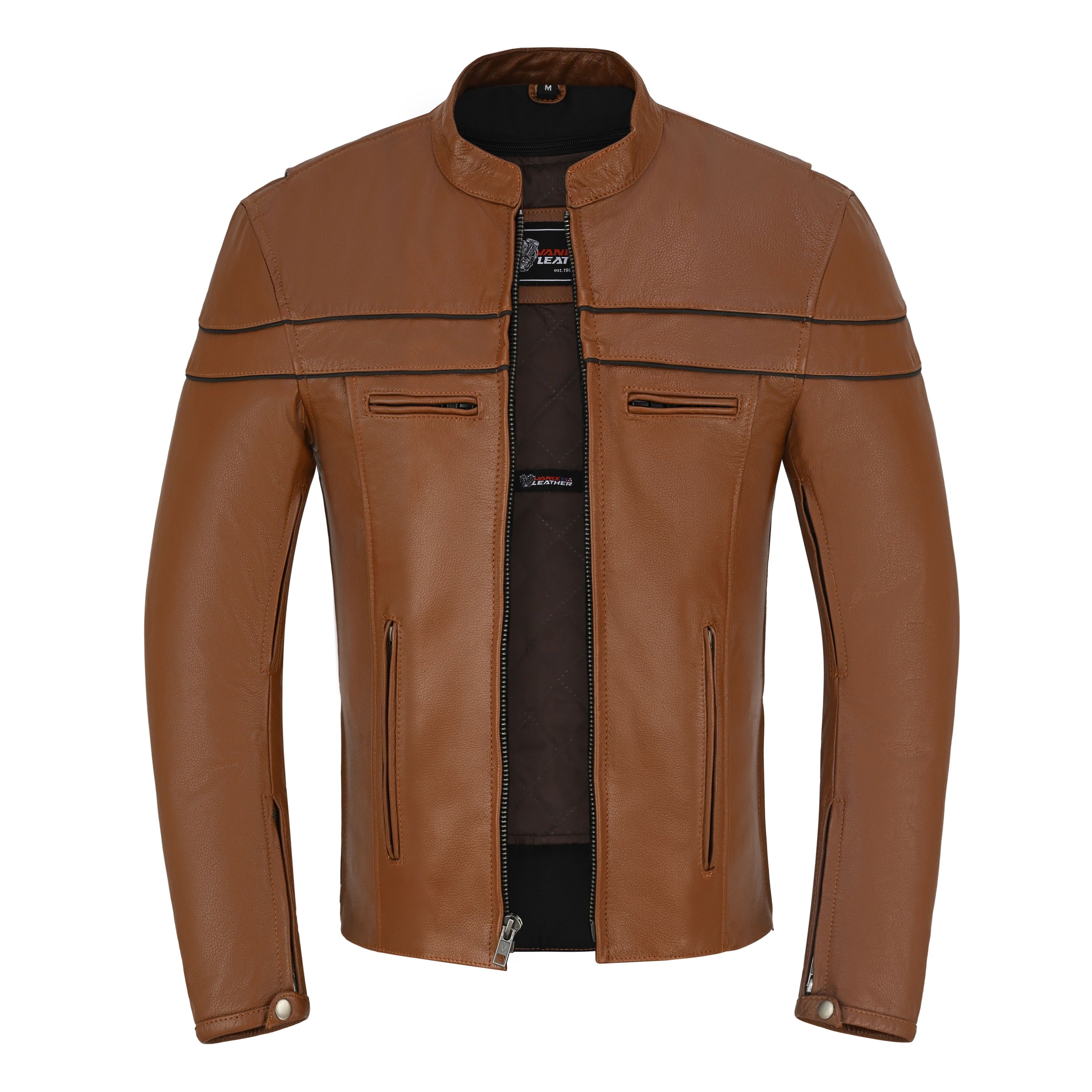 Men's Brown Cafe Racer Leather Motorcycle Jacket with Zipper Vents