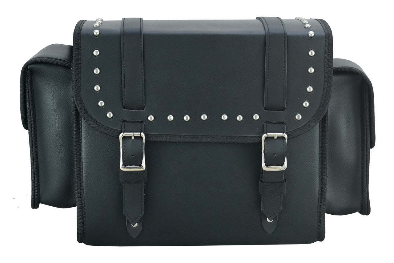 Vance Medium Black Studded Motorcycle Sissy Bar Bag for Harley Davidson Motorcycles-Front View