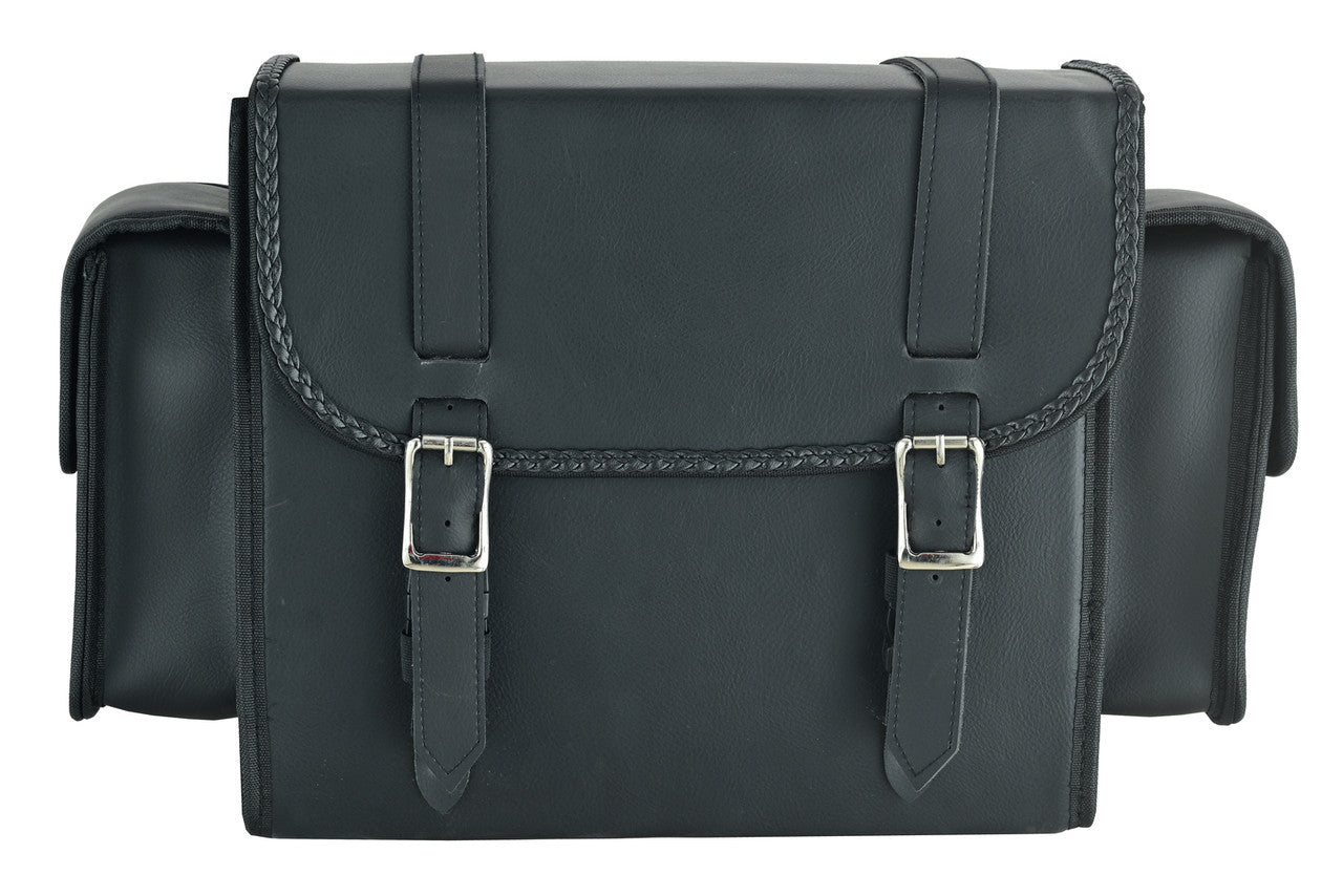 Vance VS320 Medium Black Braided Motorcycle Sissy Bar Bag for Harley Davidson Motorcycles-Front View