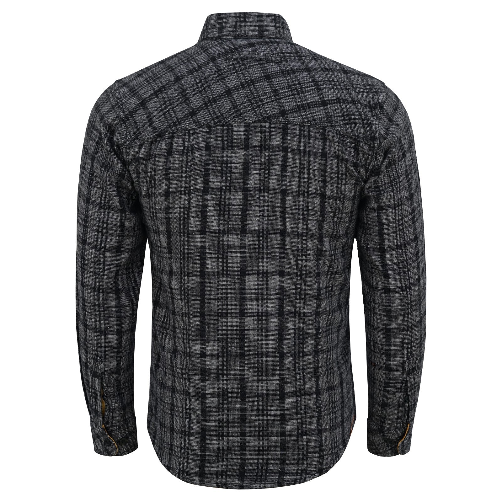 mens-dark-truffle-long-sleeve-plaid-button-down-casual-flannel-shirt-corduroy-collar-cuffs-back-view