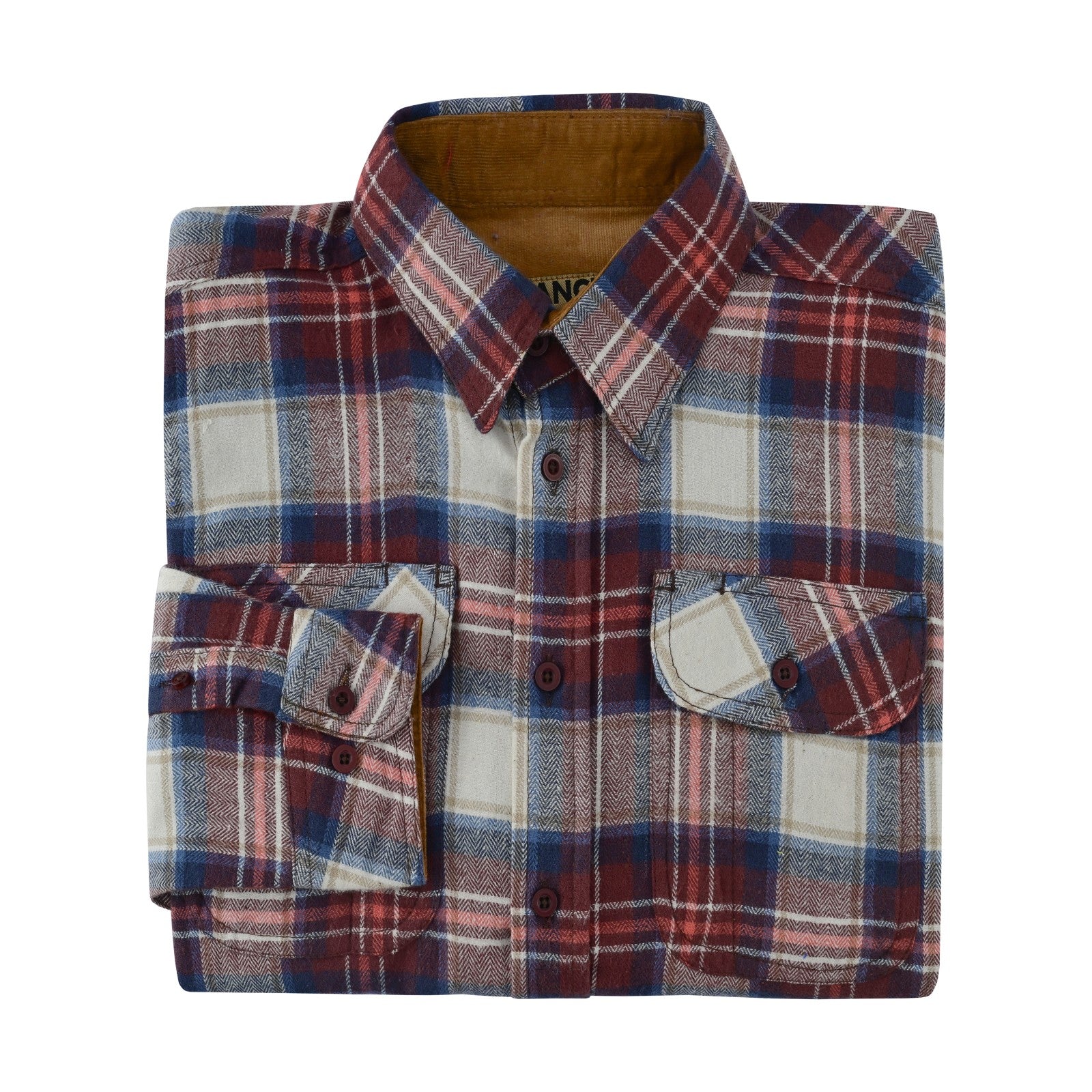 mens-merlot-long-sleeve-plaid-button-down-casual-flannel-shirt-corduroy-collar-cuffs-folded
