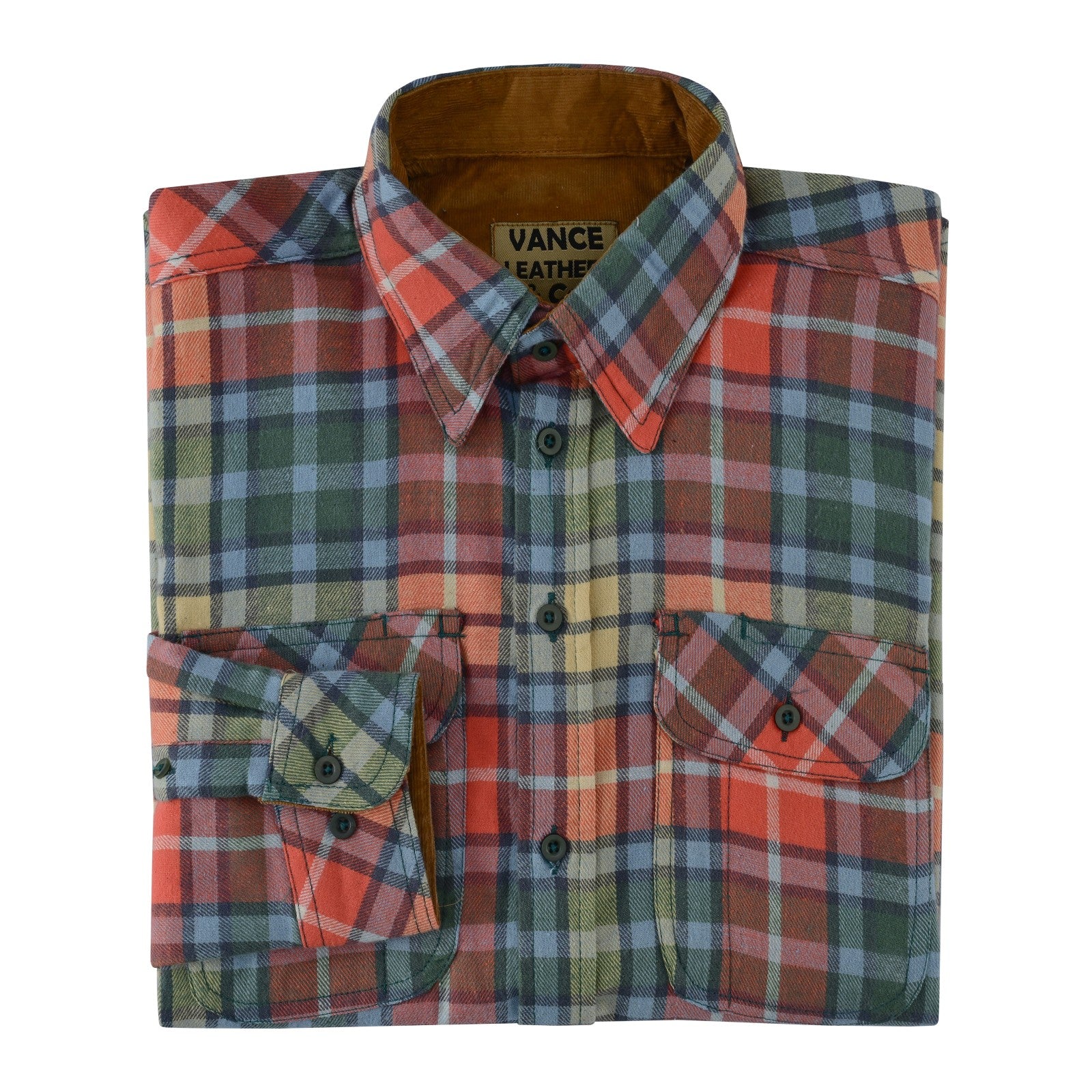 mens-ember-color-long-sleeve-plaid-button-down-casual-flannel-shirt-corduroy-collar-cuffs-folded