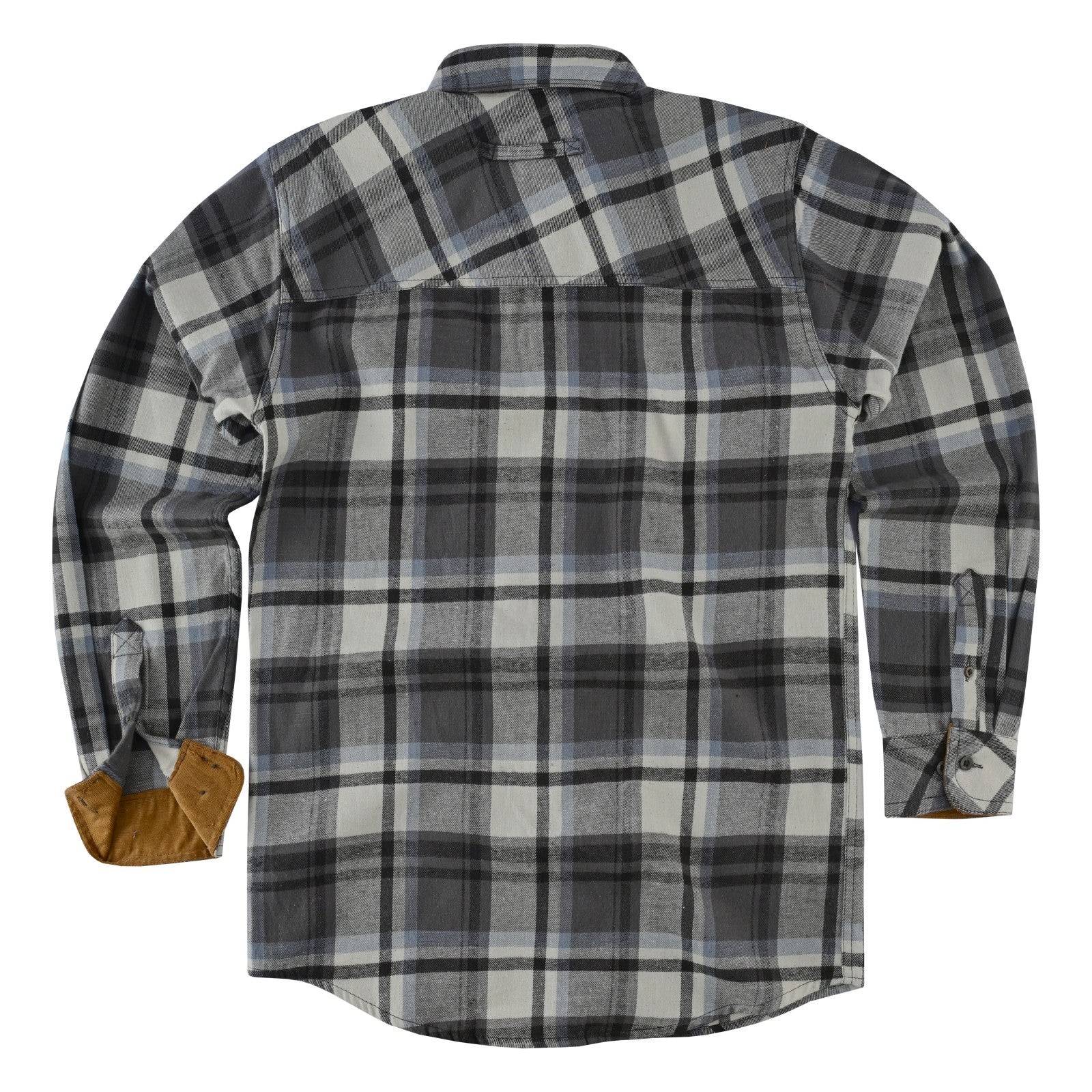 mens-charcoal-checkered-long-sleeve-plaid-button-down-casual-flannel-shirt-corduroy-collar-cuffs-flat-back-view