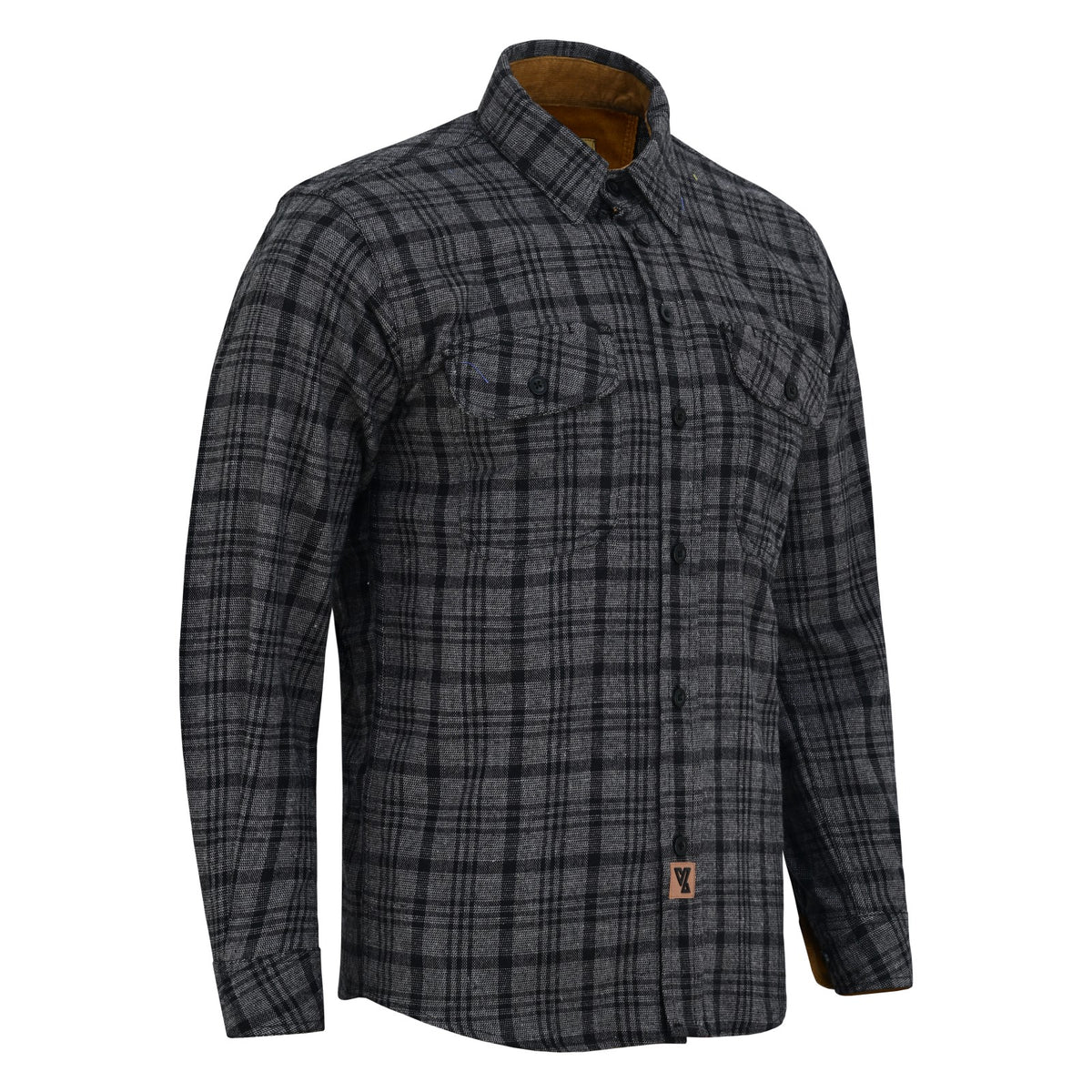 Angled front view of men's Dark Truffle plaid flannel shirt with chest pockets and tan corduroy collar lining.