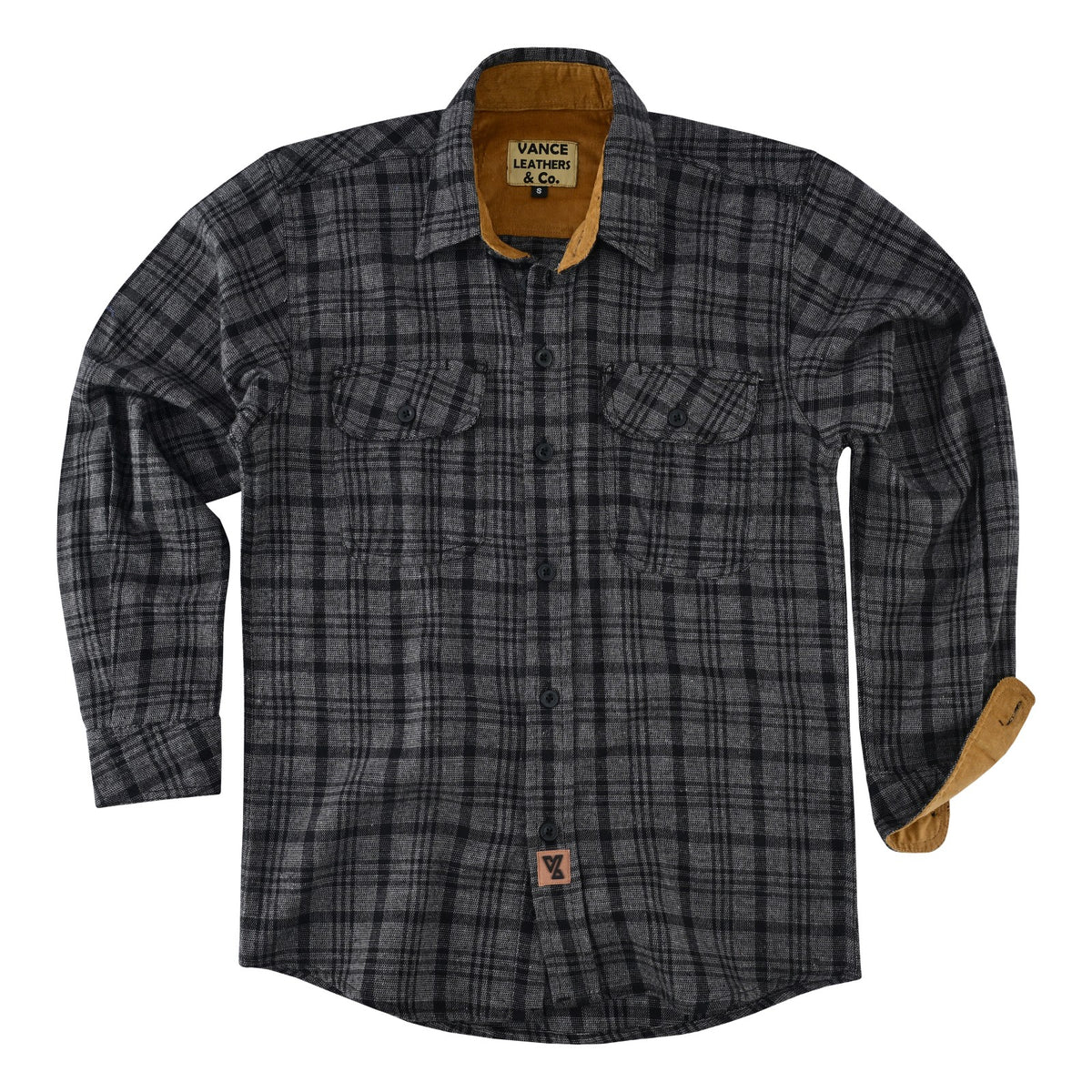 Men's Dark Truffle plaid flannel shirt laid flat, front view with tan corduroy collar and open cuff lining.