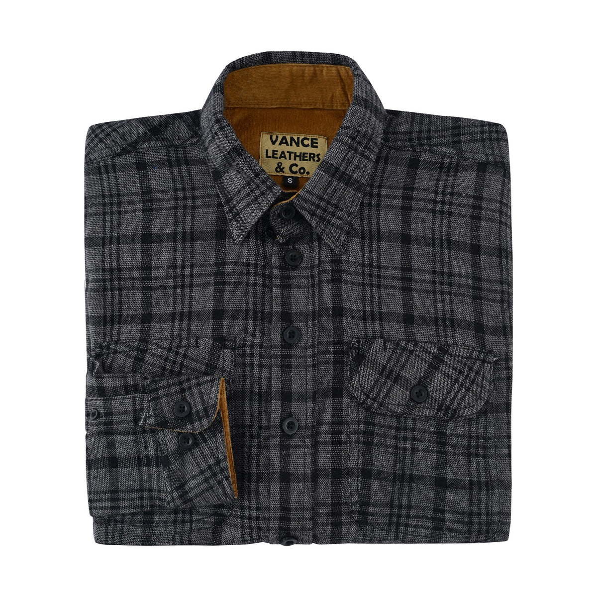 Folded men's Dark Truffle plaid flannel shirt showing tan corduroy collar lining and buttoned chest pockets.