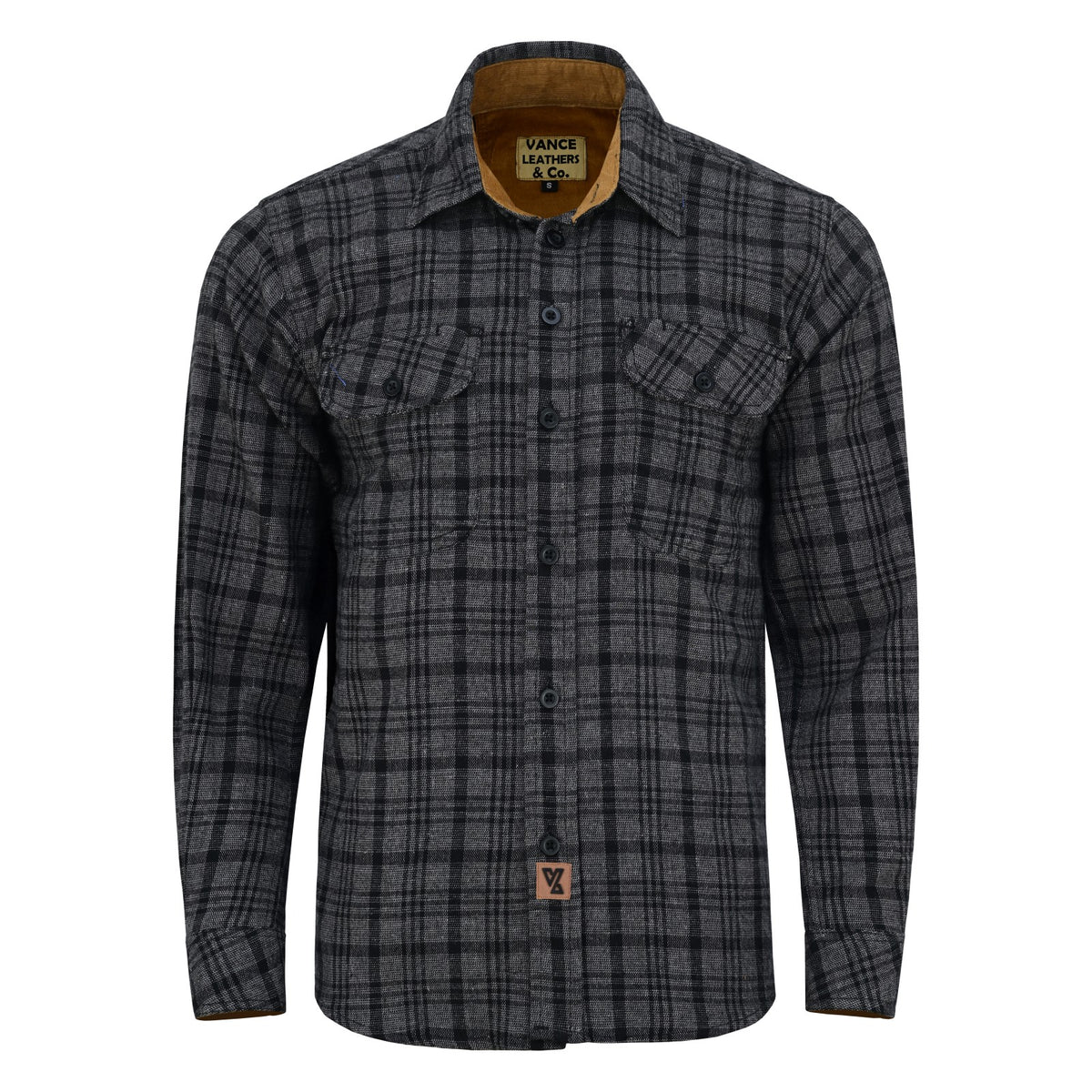 Men's Dark Truffle plaid flannel shirt laid flat, back view with diagonal plaid shoulder panel and tan cuff lining.
