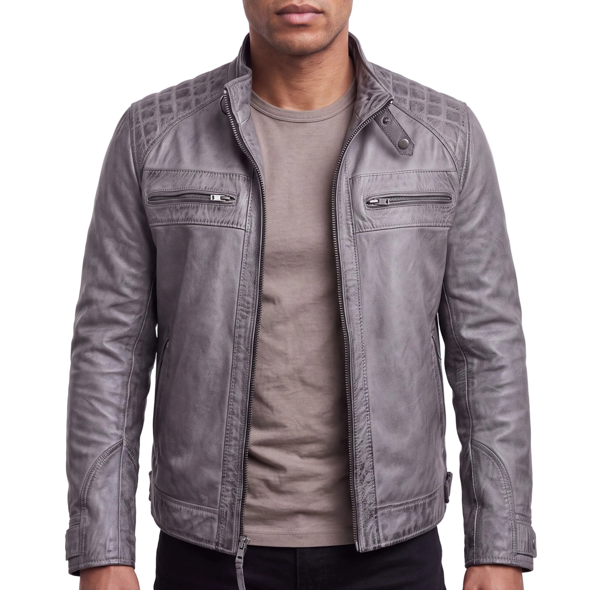 Man wearing a distressed grey waxed lambskin cafe racer jacket open, showing quilted shoulders and zippered chest pockets