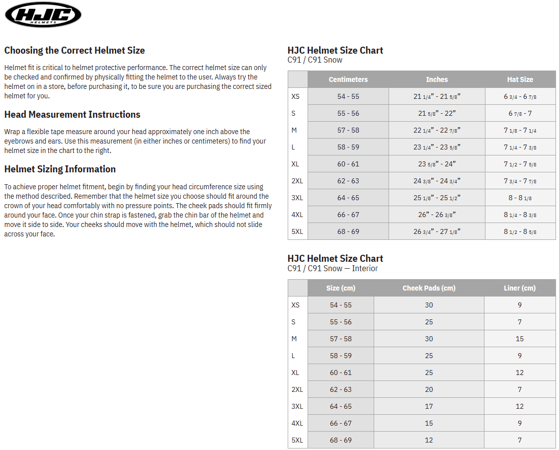 HJC C91 Modular Helmet - Size Chart