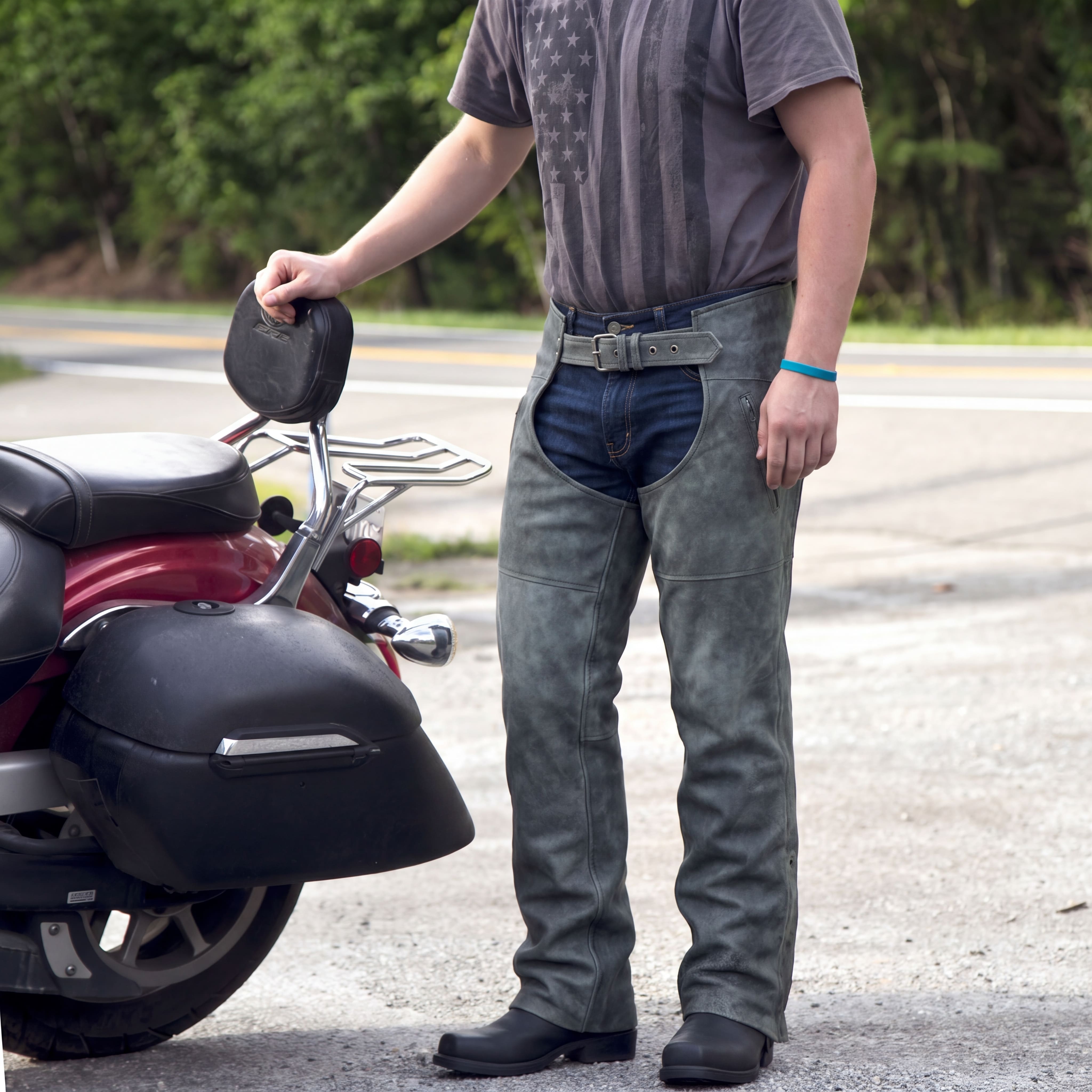 High Mileage Unisex Premium Cowhide Vintage Distressed Gray Biker Leather Motorcycle Chaps - lifestyle image