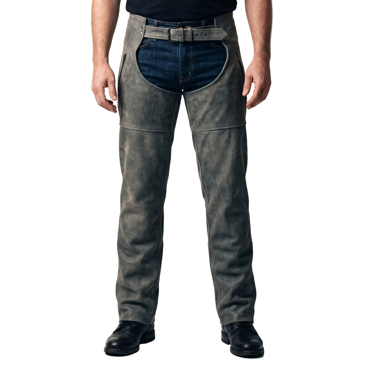 High Mileage Unisex Distressed Gray Premium Cowhide Leather Motorcycle Chaps w/ Belt & Laces Vintage Cruiser Riding Chaps w/ Quilted Liner & Zippered Pocket - front pose