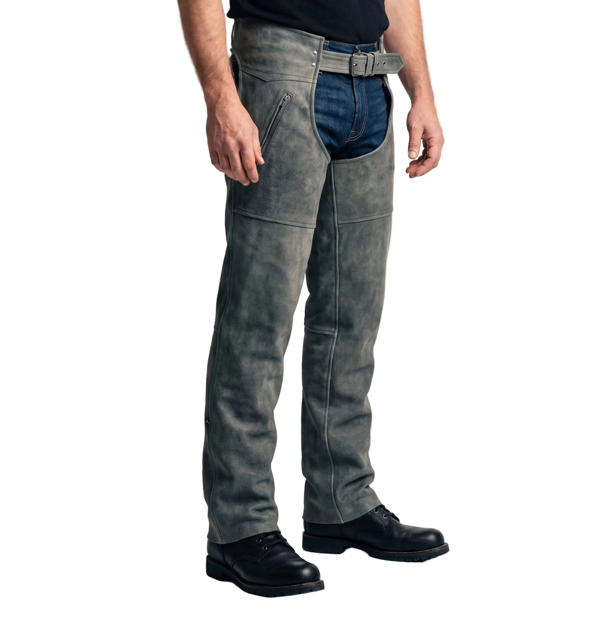 High Mileage Unisex Distressed Gray Premium Cowhide Leather Motorcycle Chaps w/ Belt & Laces Vintage Cruiser Riding Chaps w/ Quilted Liner & Zippered Pocket - side pose