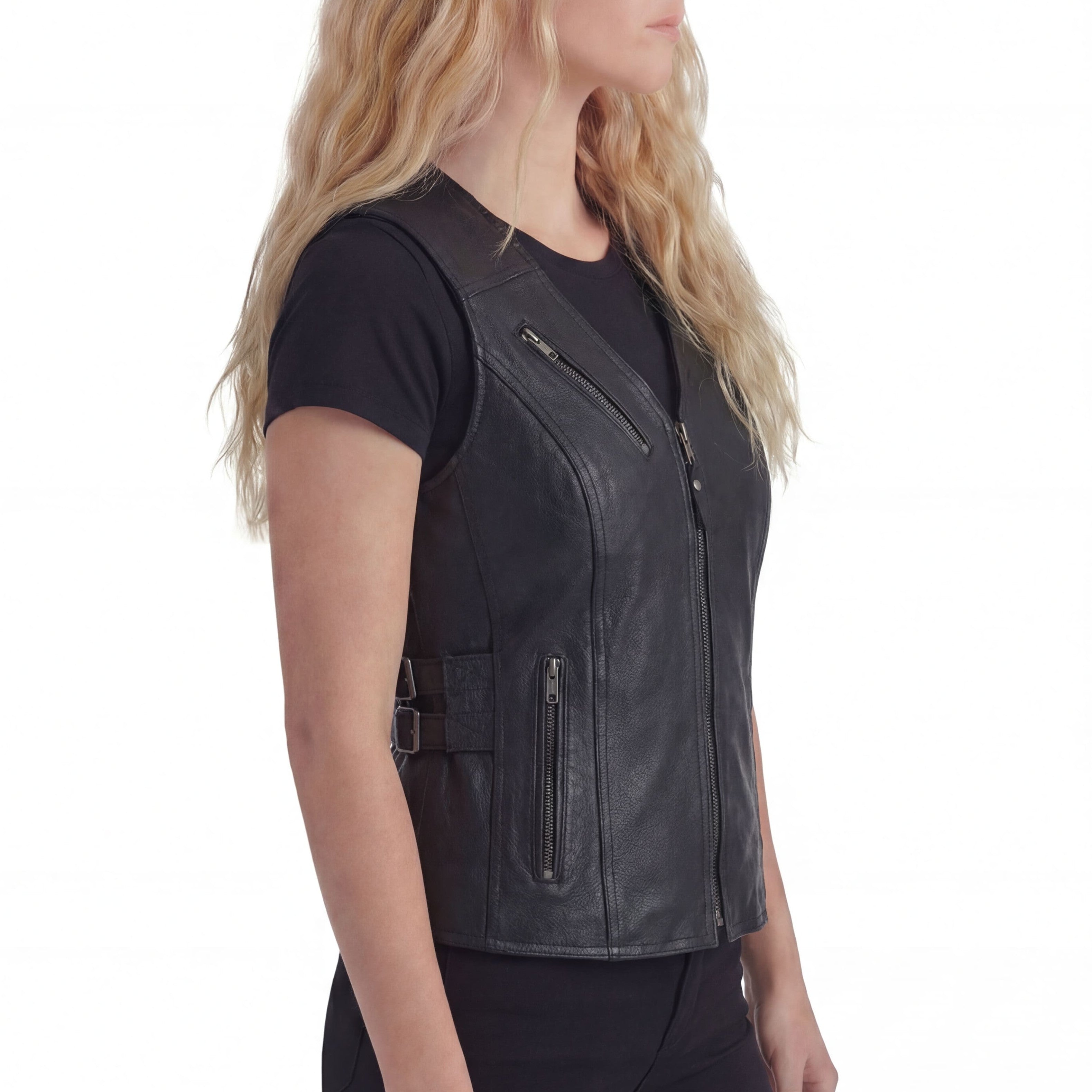 High Mileage Womens Black Premium Cowhide Biker Motorcycle Leather Vest With Buckles - side pose