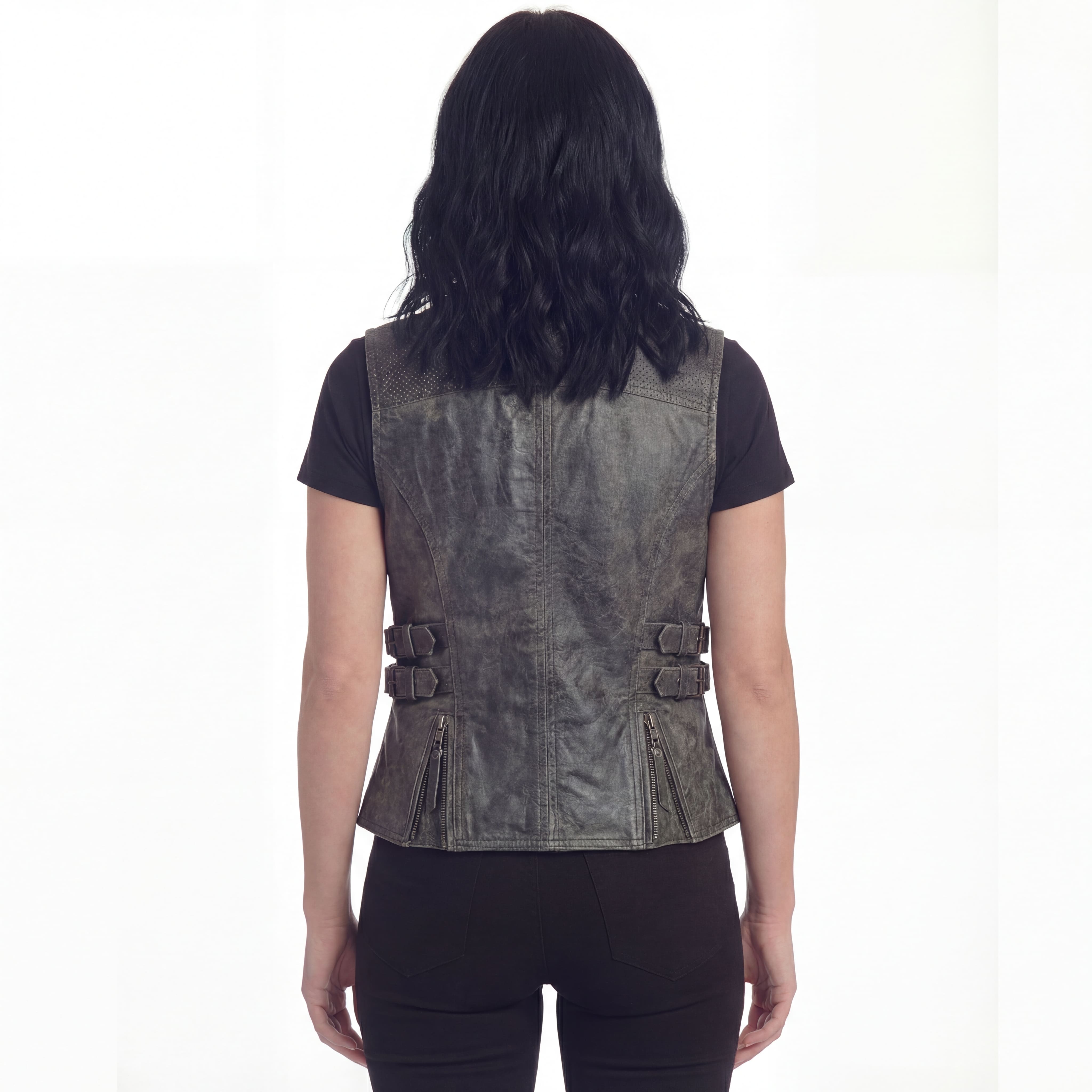 High Mileage Women's Distressed Gray Premium Cowhide Biker Motorcycle Leather Vest With Buckles - Back