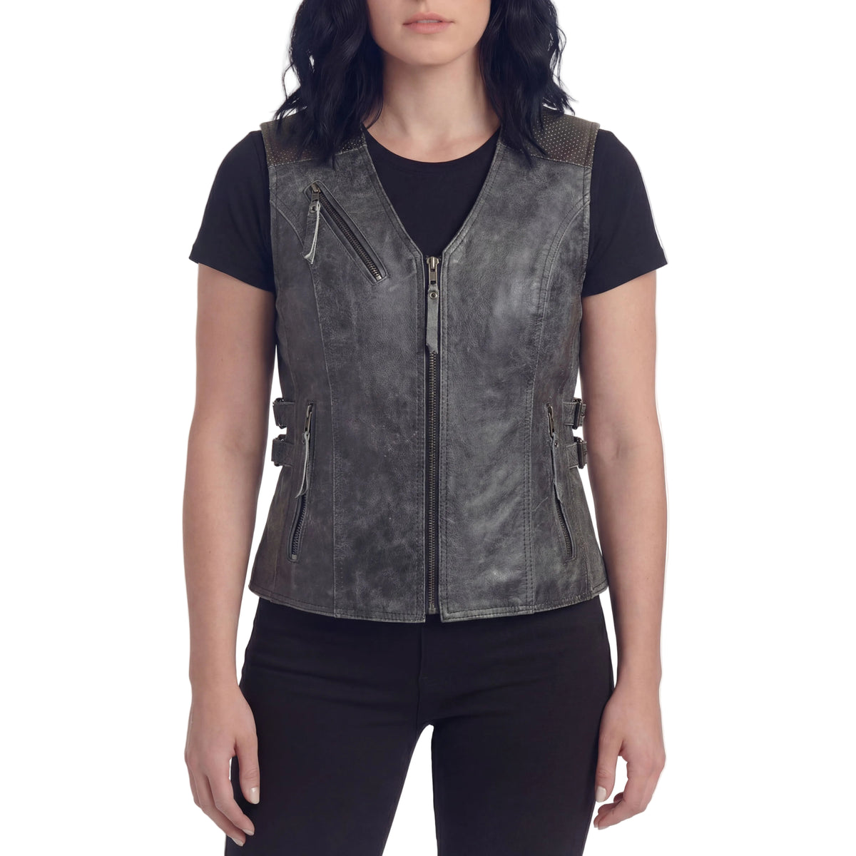High Mileage Women's Distressed Gray Premium Cowhide Biker Motorcycle Leather Vest With Buckles - Front