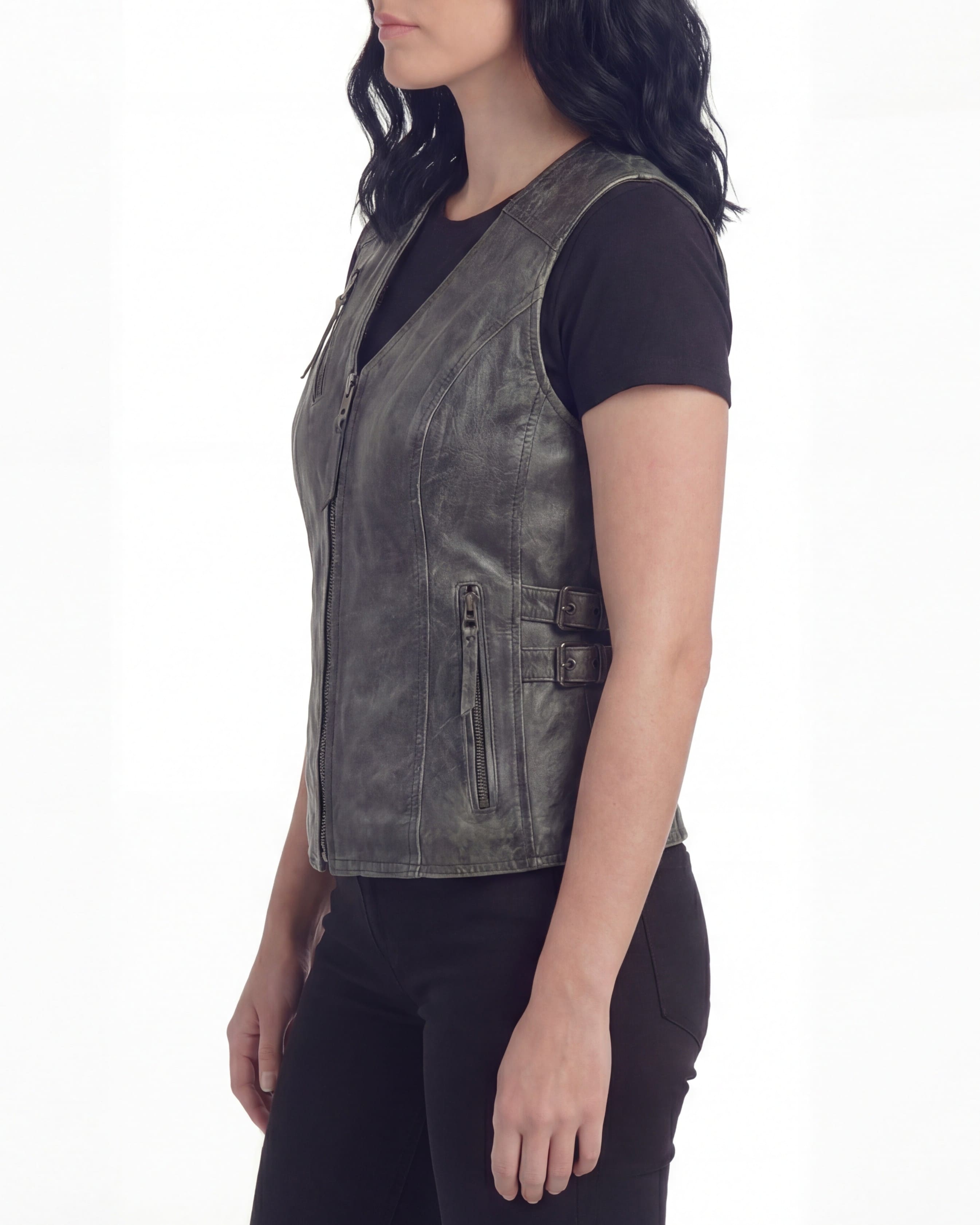 High Mileage Women's Distressed Gray Premium Cowhide Biker Motorcycle Leather Vest With Buckles - Side