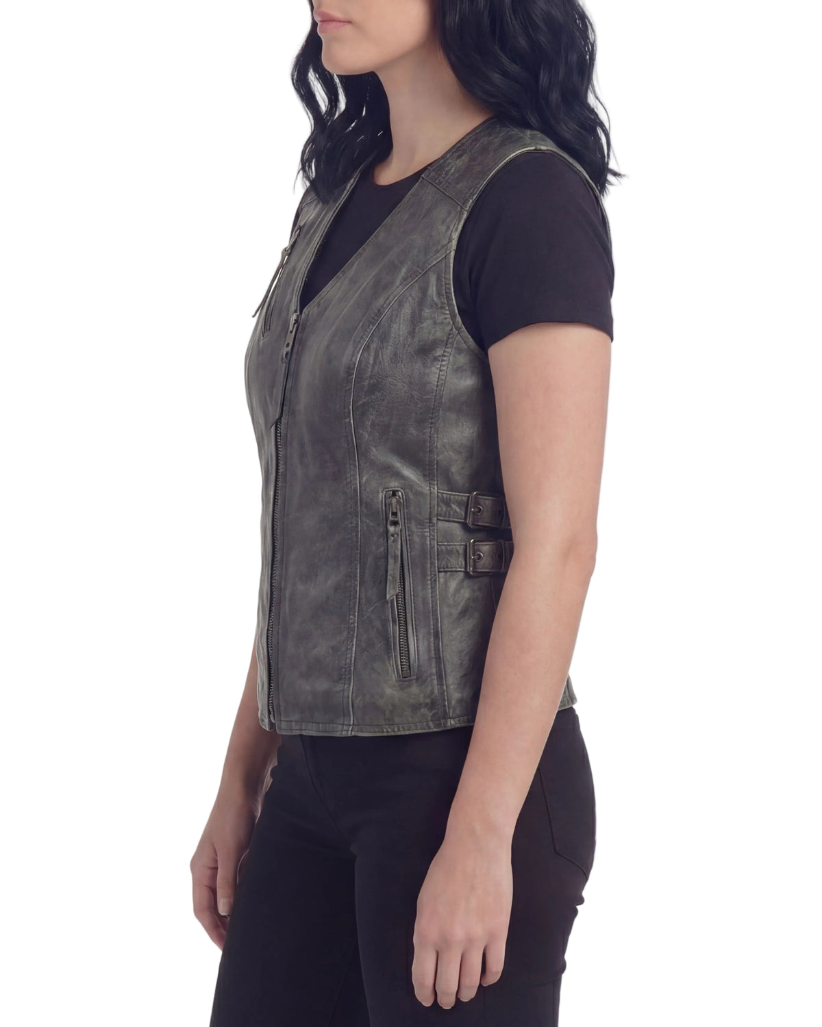 High Mileage Women's Distressed Gray Premium Cowhide Biker Motorcycle Leather Vest With Buckles - Side