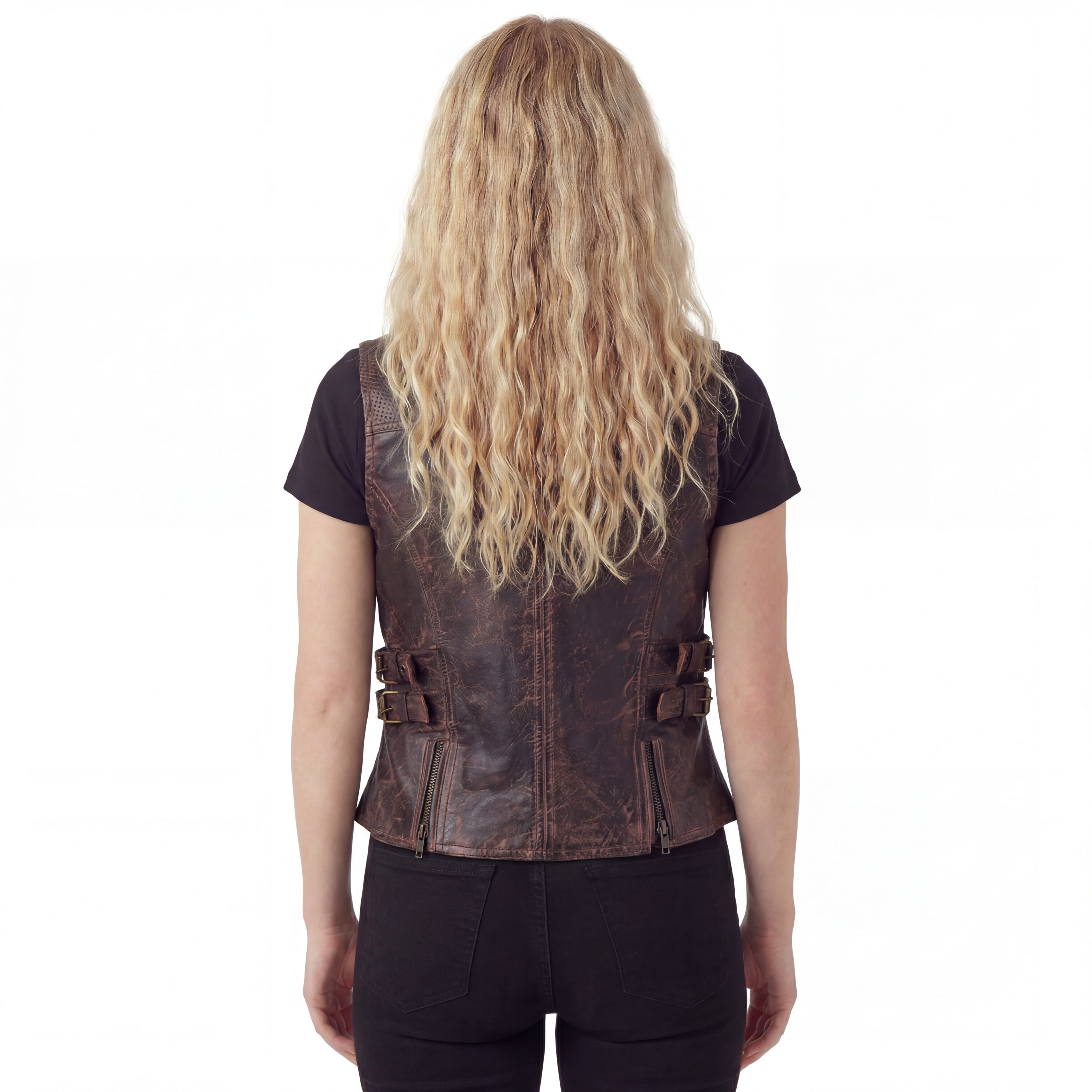 High Mileage Womens Vintage Brown Premium Cowhide Biker Motorcycle Leather Vest With Buckles - back pose