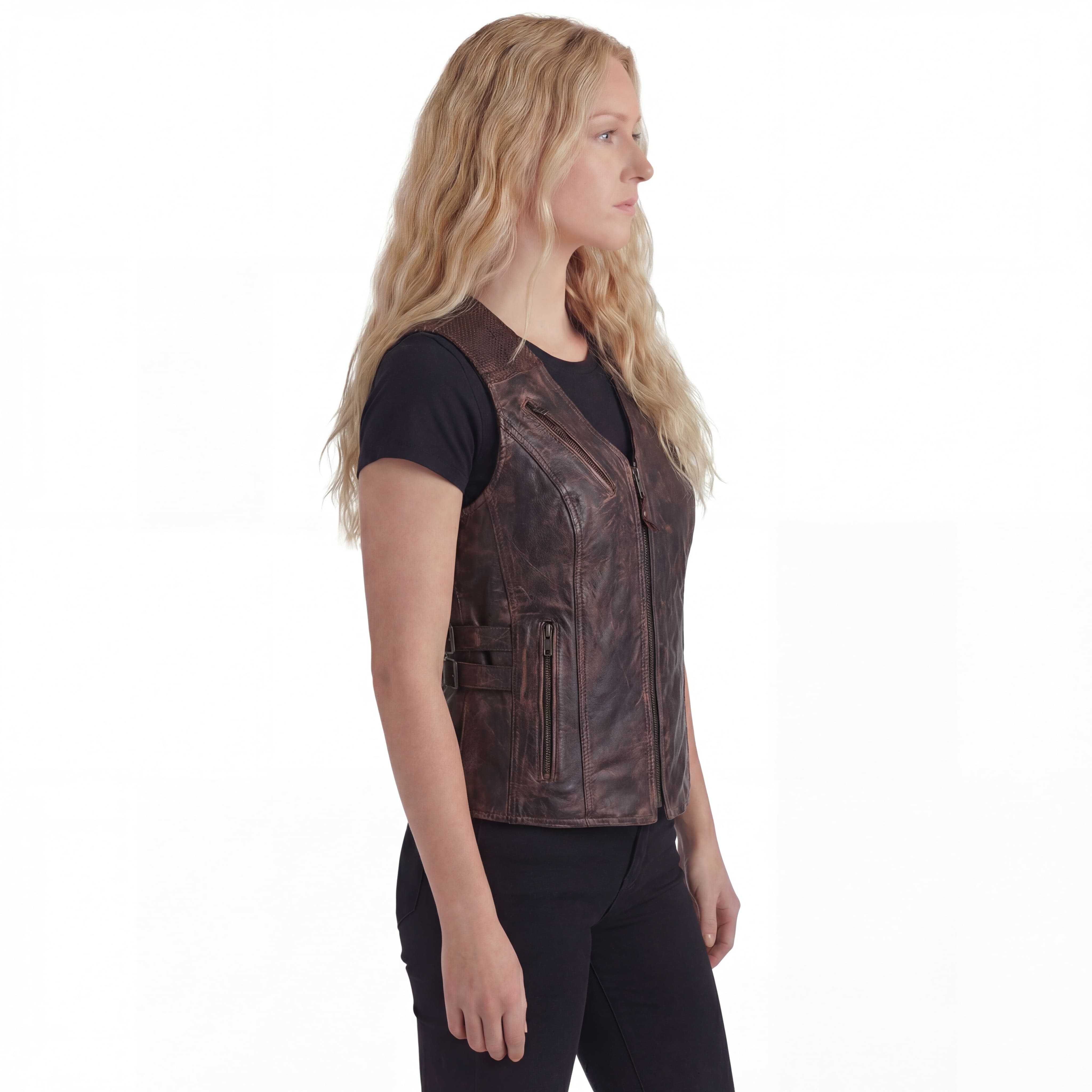 High Mileage Womens Vintage Brown Premium Cowhide Biker Motorcycle Leather Vest With Buckles