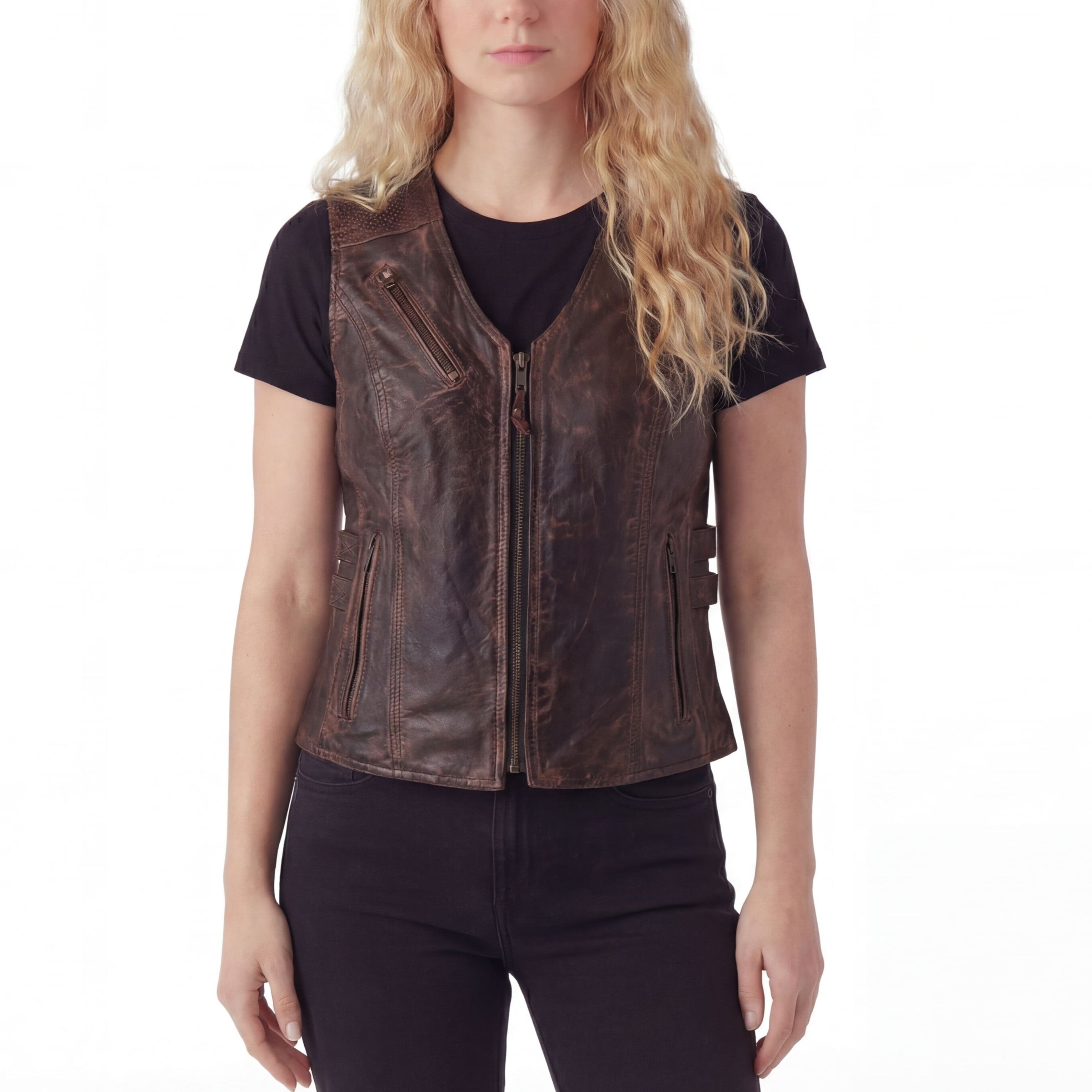 High Mileage Womens Vintage Brown Premium Cowhide Biker Motorcycle Leather Vest With Buckles