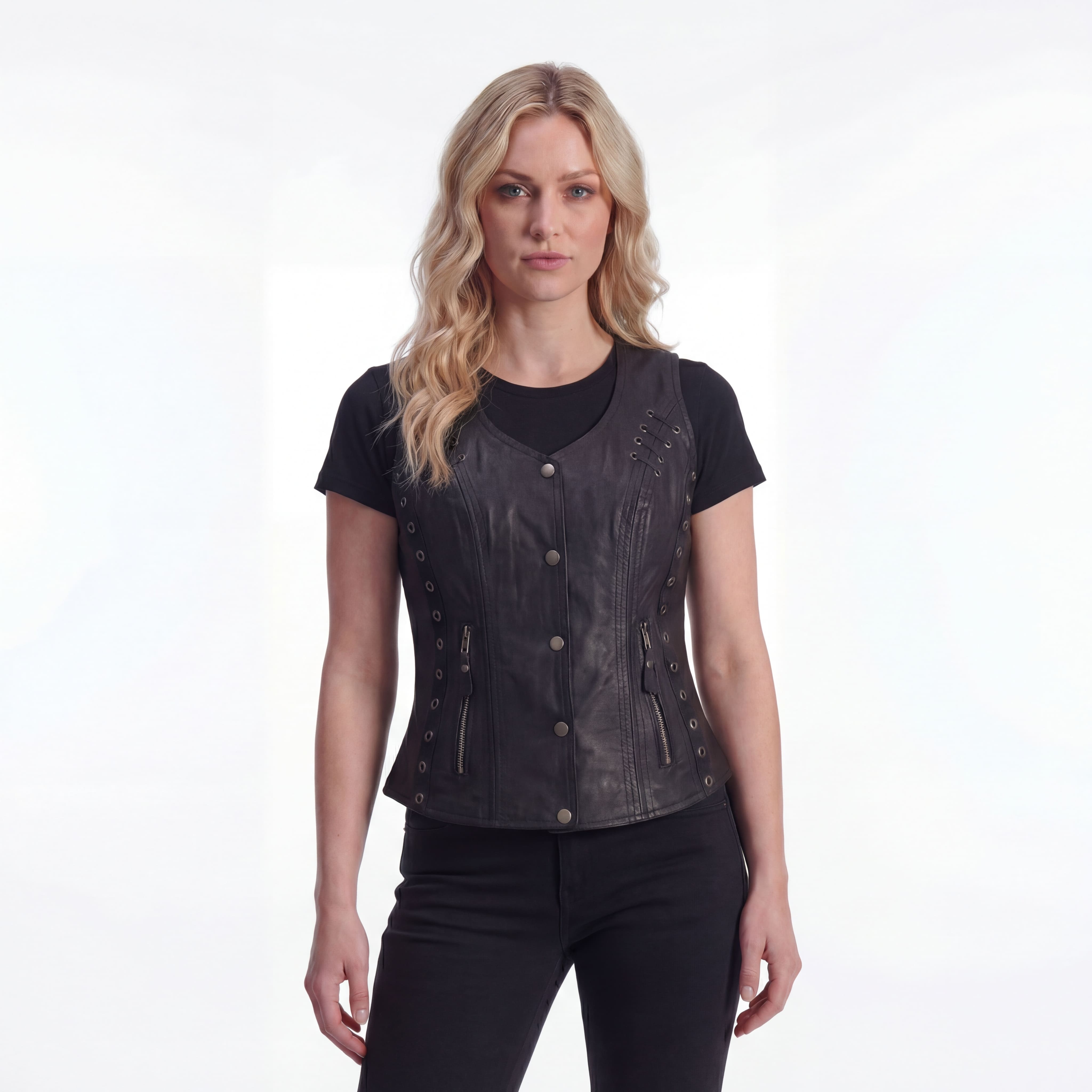 High Mileage Women's Black Premium Soft Goatskin Leather Vest With Twill Lace and Grommet Highlights