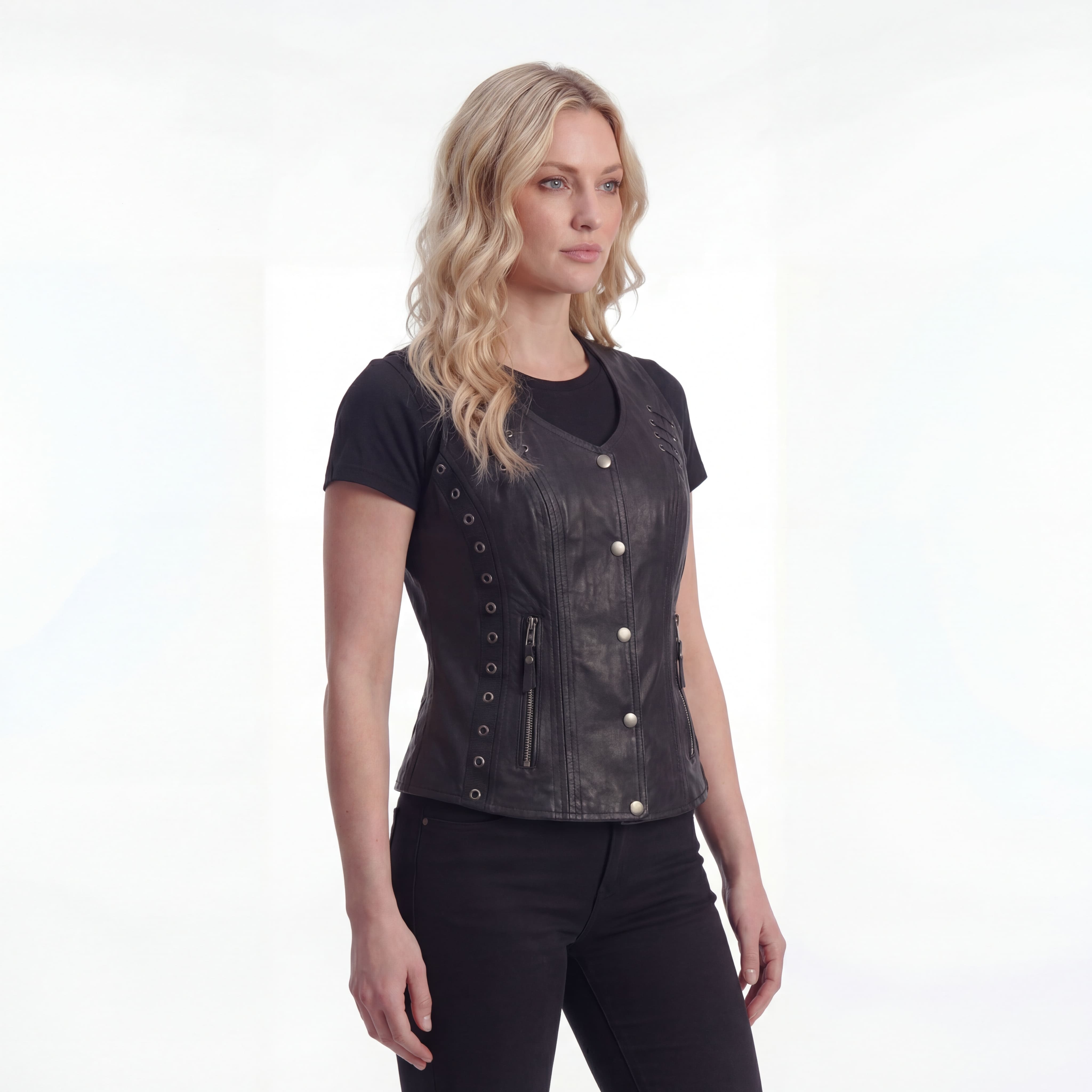 High Mileage Women's Black Premium Soft Goatskin Leather Vest With Twill Lace and Grommet Highlights