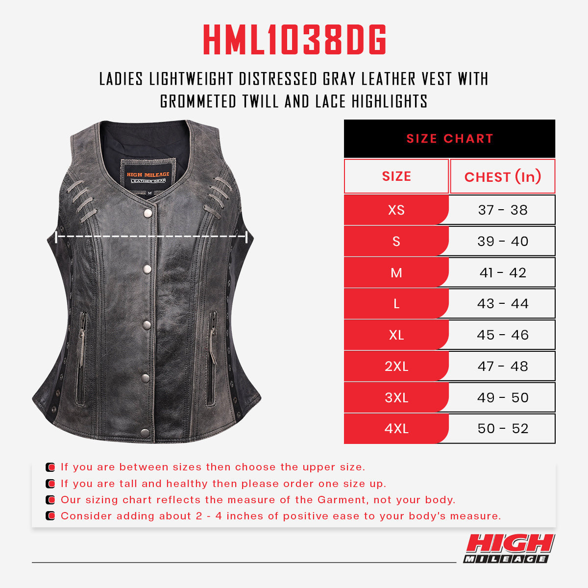 High Mileage HML1038DG Womens Distressed Gray Premium Soft Goatskin Leather Vest With Twill Lace and Grommet Highlights - sizechart