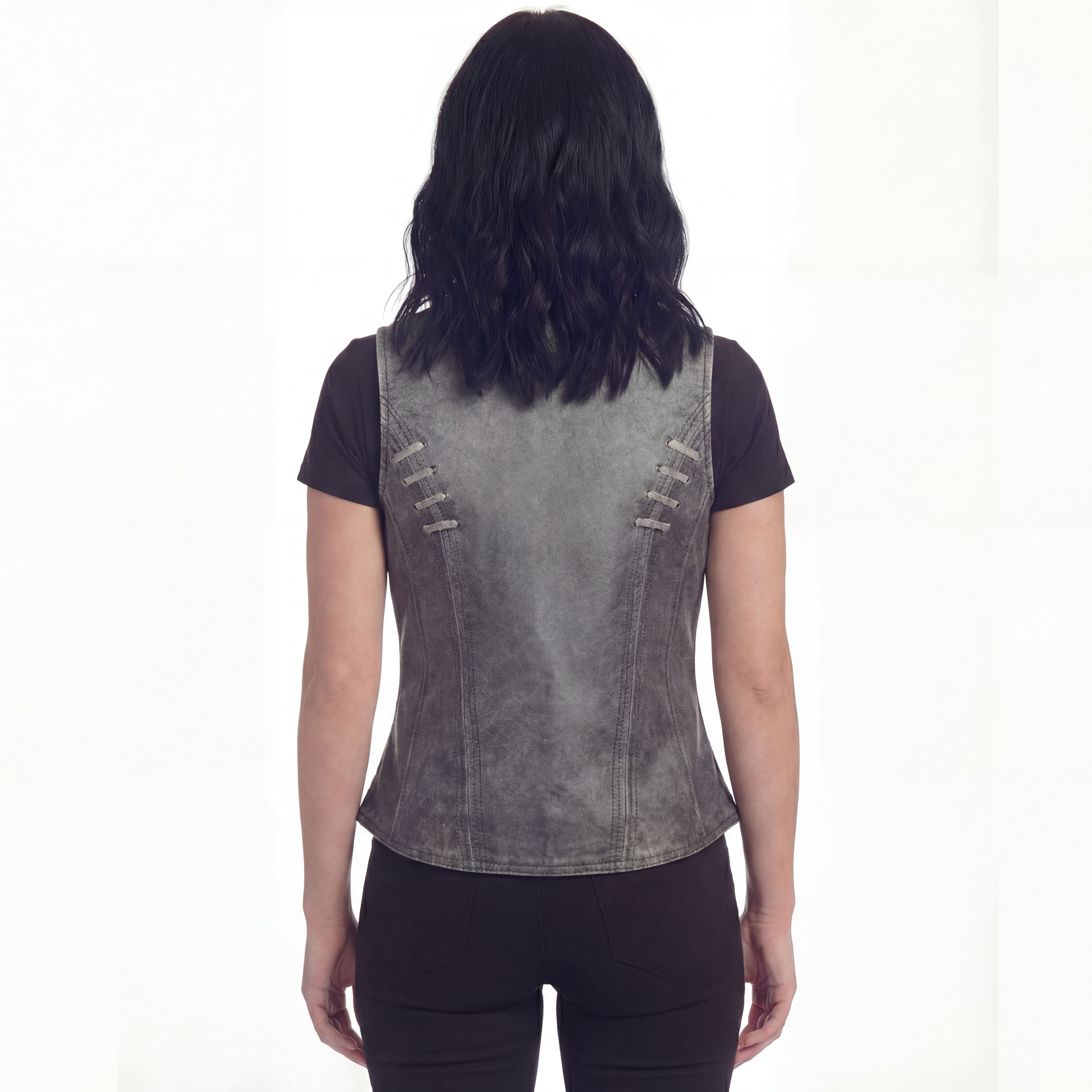 High Mileage Women's Distressed Gray Premium Soft Goatskin Leather Vest With Twill Lace and Grommet Highlights