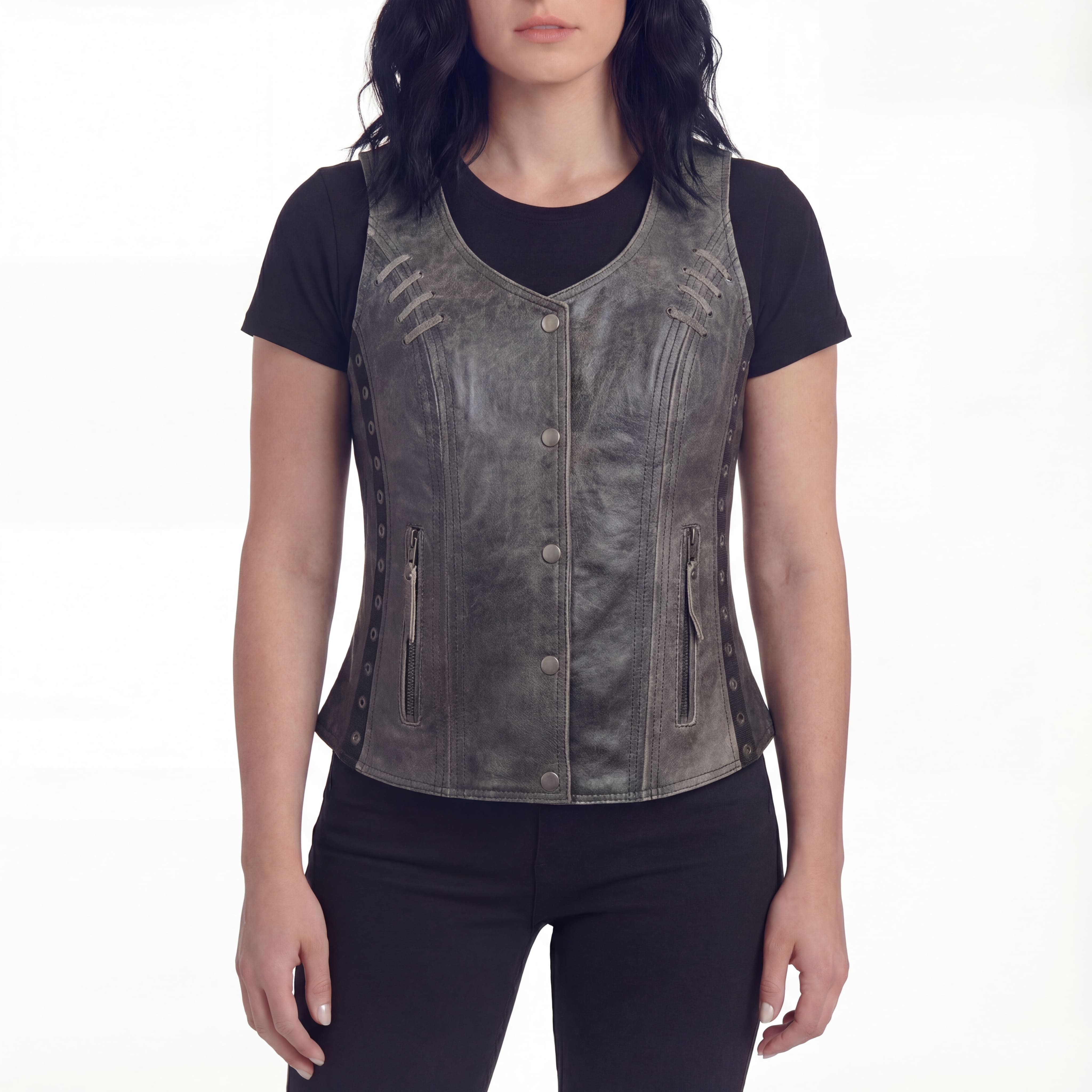 High Mileage Women's Distressed Gray Premium Soft Goatskin Leather Vest With Twill Lace and Grommet Highlights