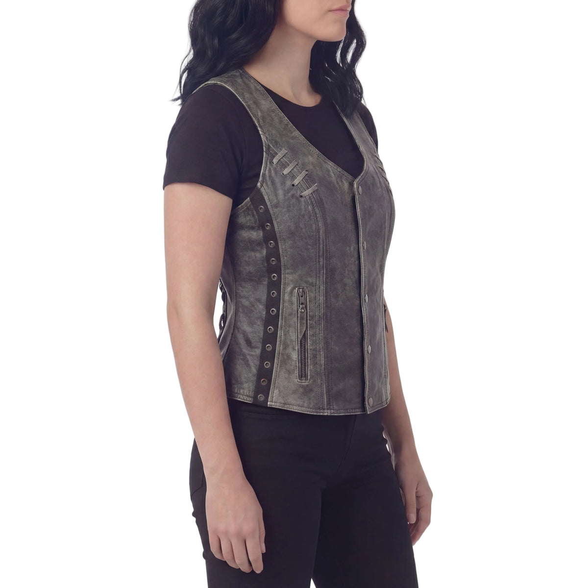 High Mileage Women's Distressed Gray Premium Soft Goatskin Leather Vest With Twill Lace and Grommet Highlights
