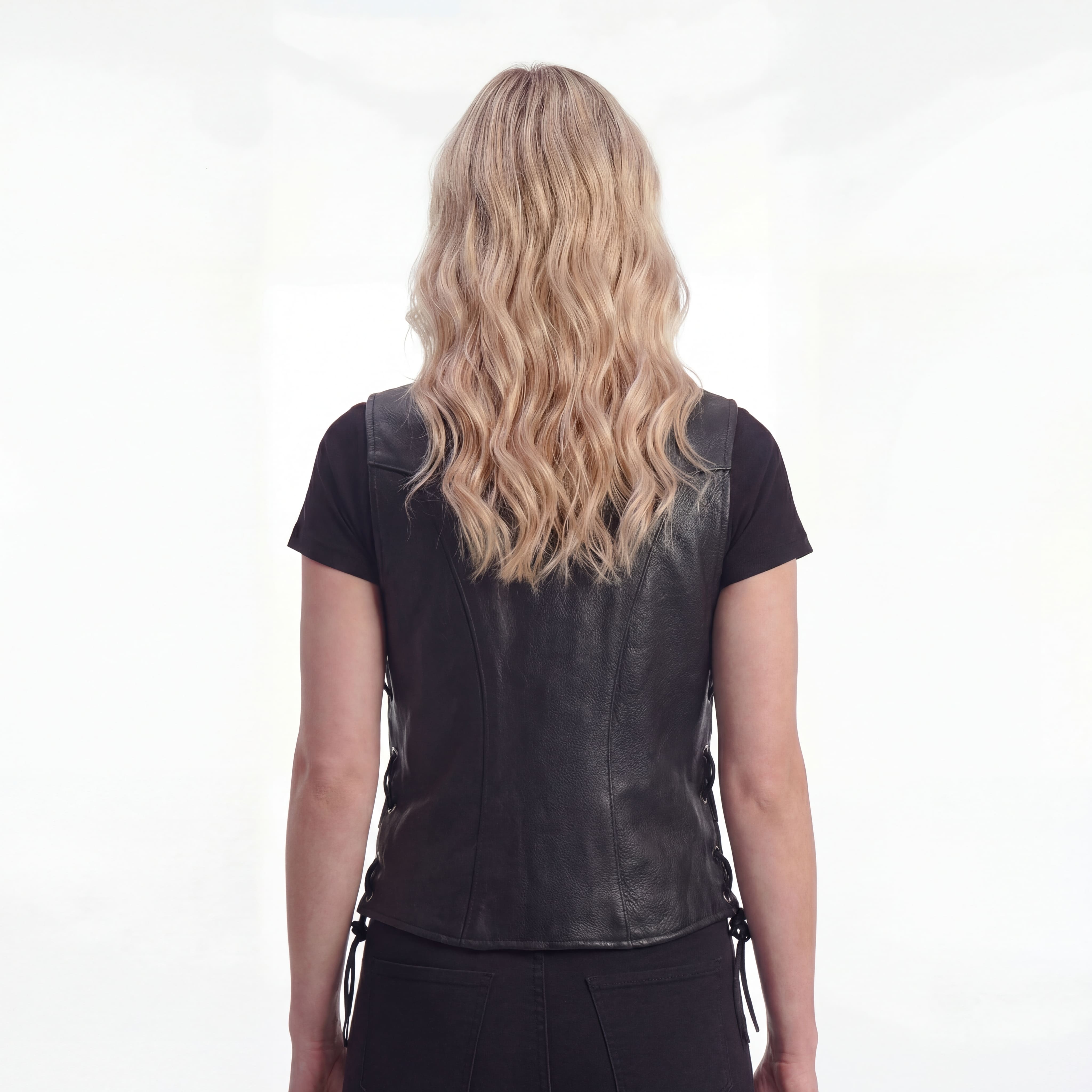 Vance Leathers Womens Black Lady Biker Leather Motorcycle Vest - back pose