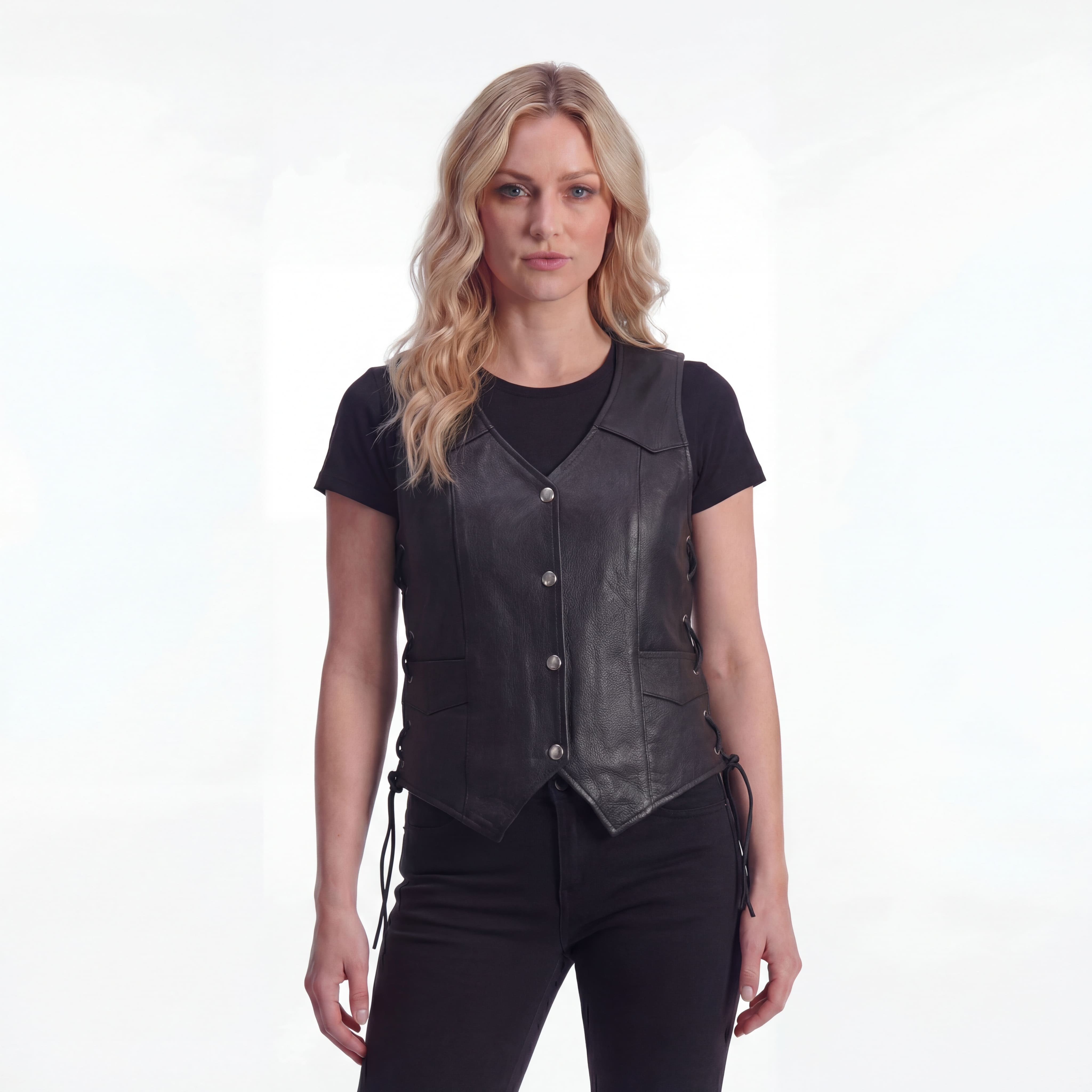 High Mileage Womens Black Premium Cowhide Lace Side Biker Leather Vest