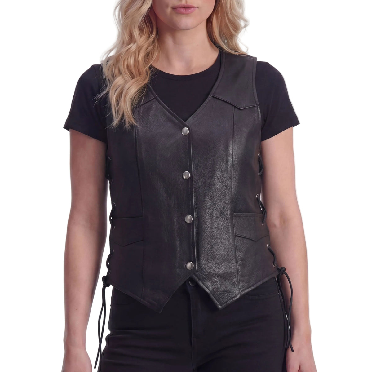 Vance Leathers Womens Black Lady Biker Leather Motorcycle Vest - front pose