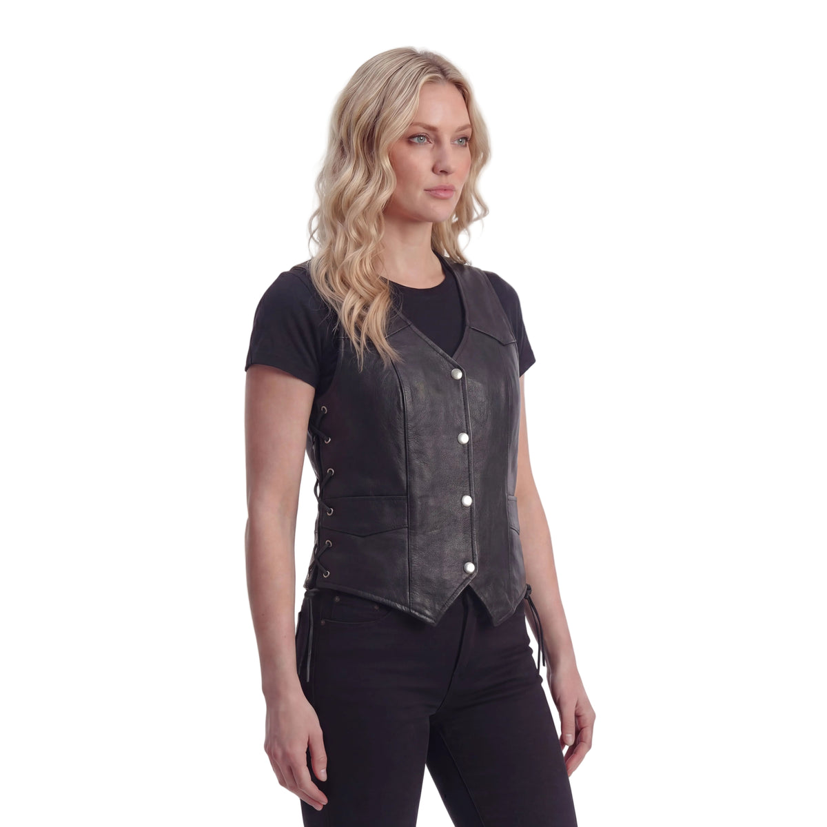 High Mileage Womens Black Premium Cowhide Lace Side Biker Leather Vest