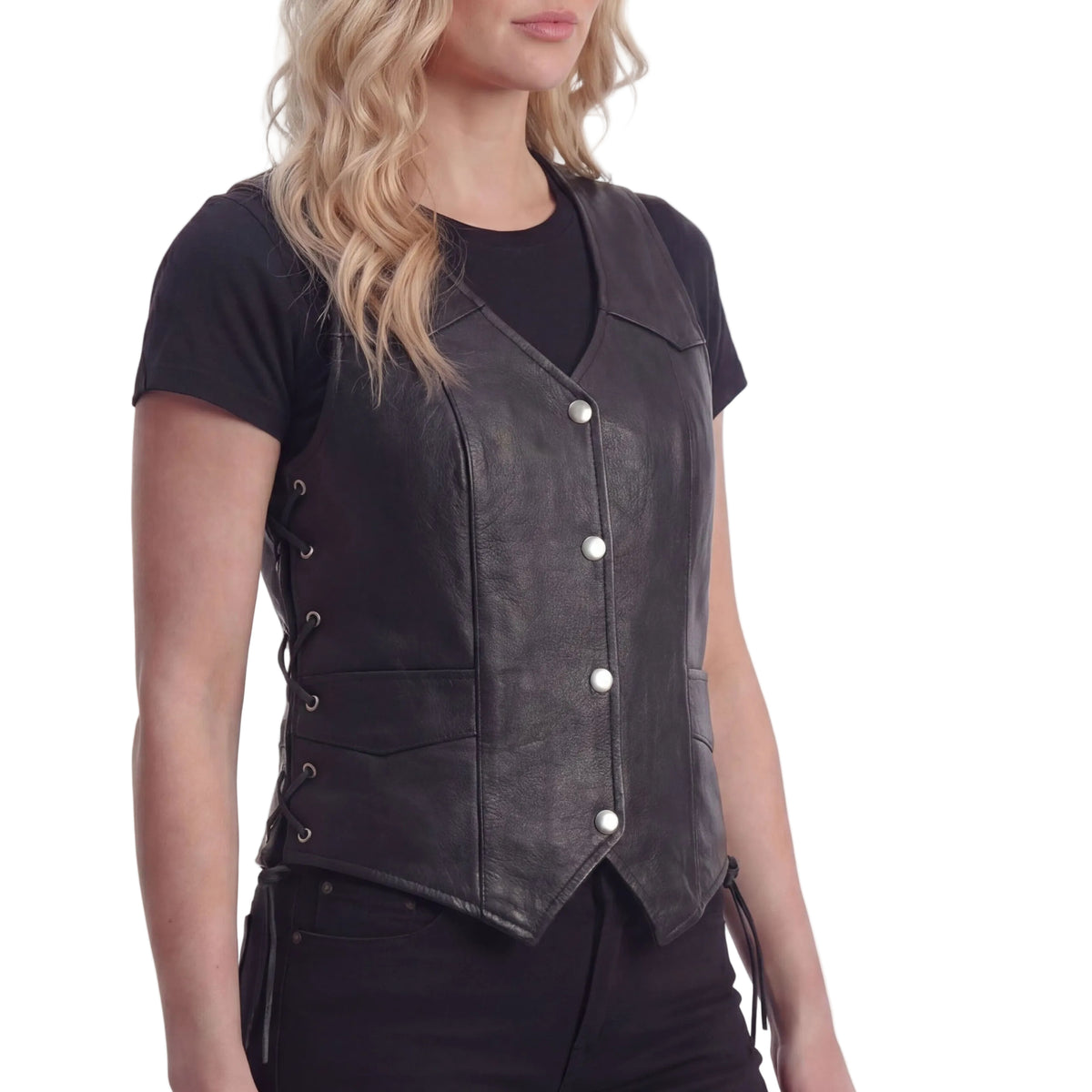 Vance Leathers Womens Black Lady Biker Leather Motorcycle Vest - side pose