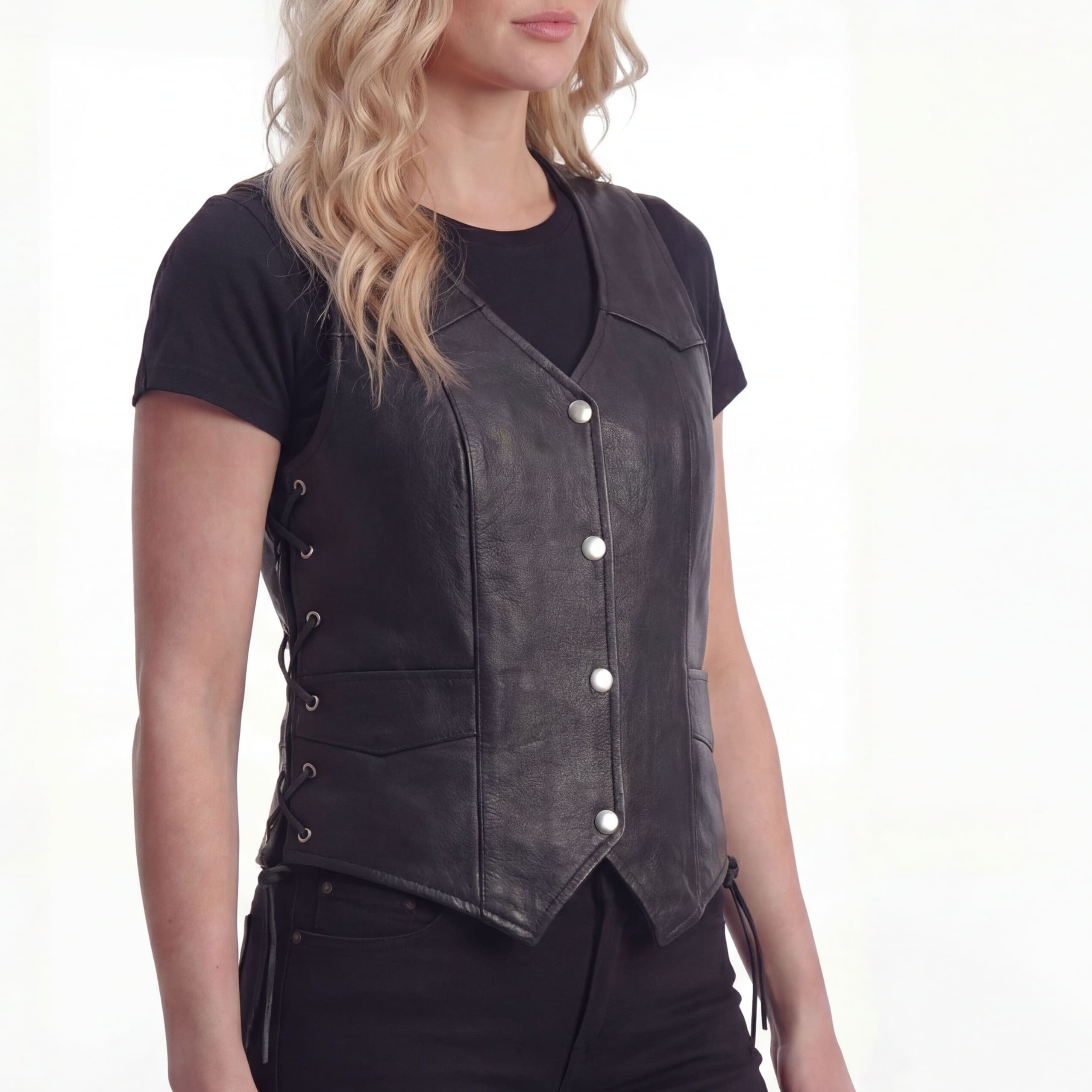 Vance Leathers Womens Black Lady Biker Leather Motorcycle Vest - side pose