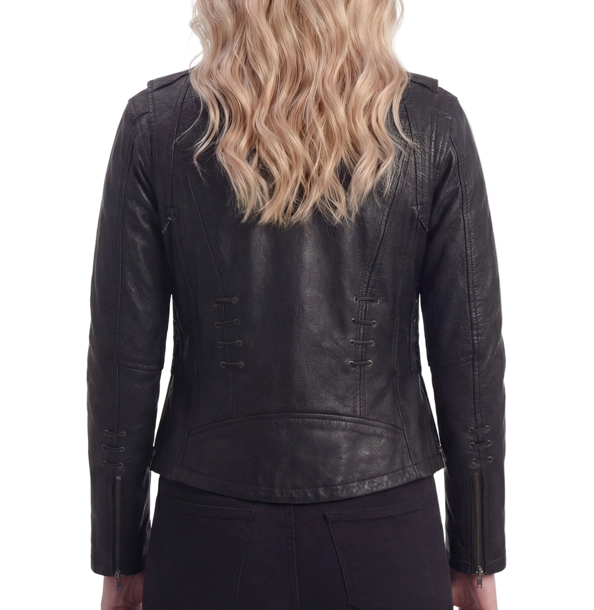High Mileage Womens Lace and Grommet Detail Black Goatskin Leather Lady Biker Motorcycle Fashion Jacket