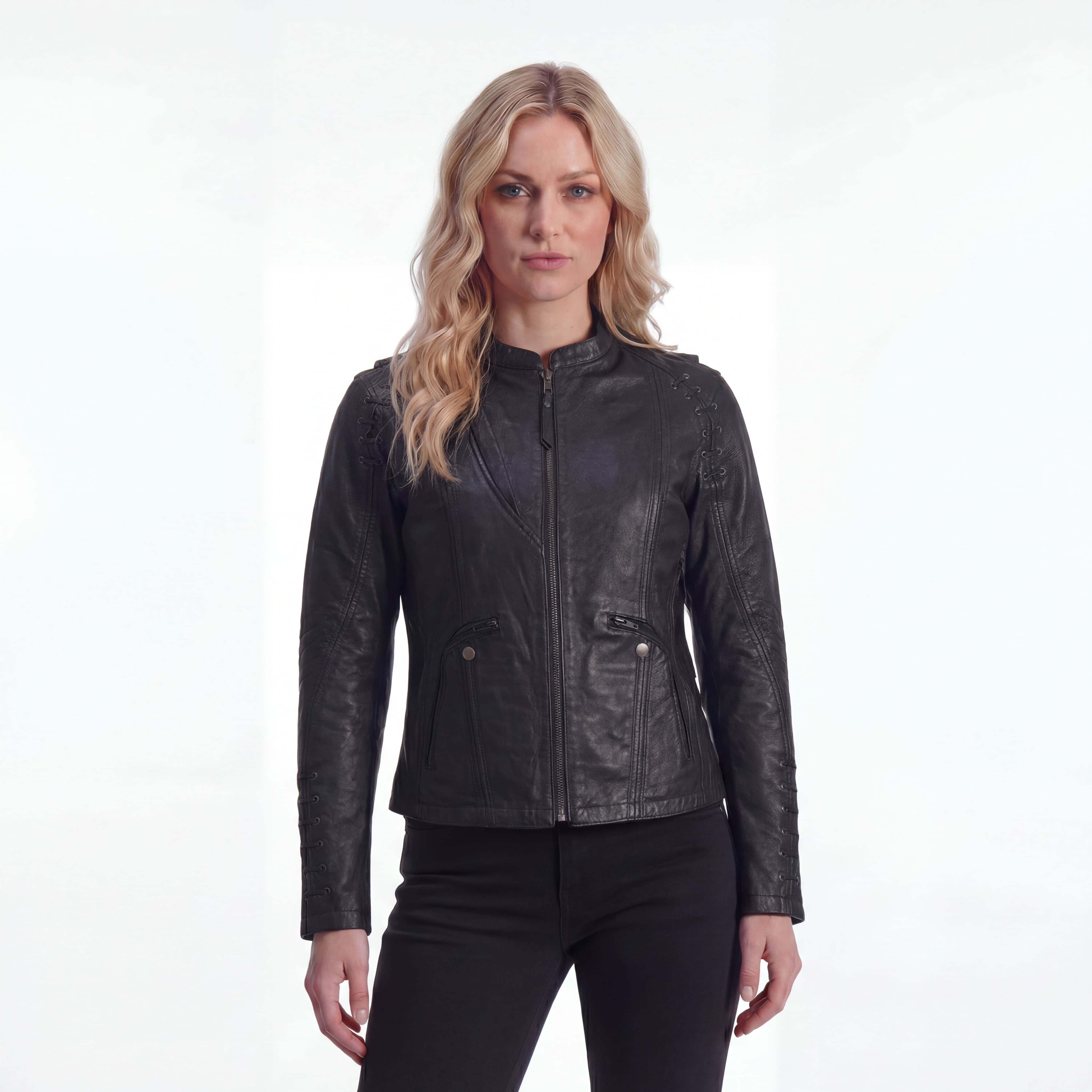 High Mileage Womens Lace and Grommet Detail Black Goatskin Leather Lady Biker Motorcycle Fashion Jacket