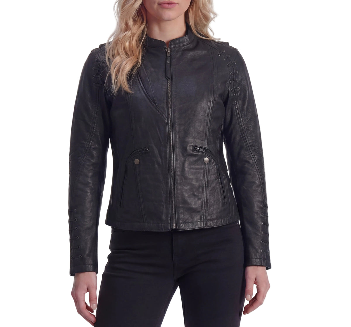 High Mileage Womens Lace and Grommet Detail Black Goatskin Leather Lady Biker Motorcycle Fashion Jacket