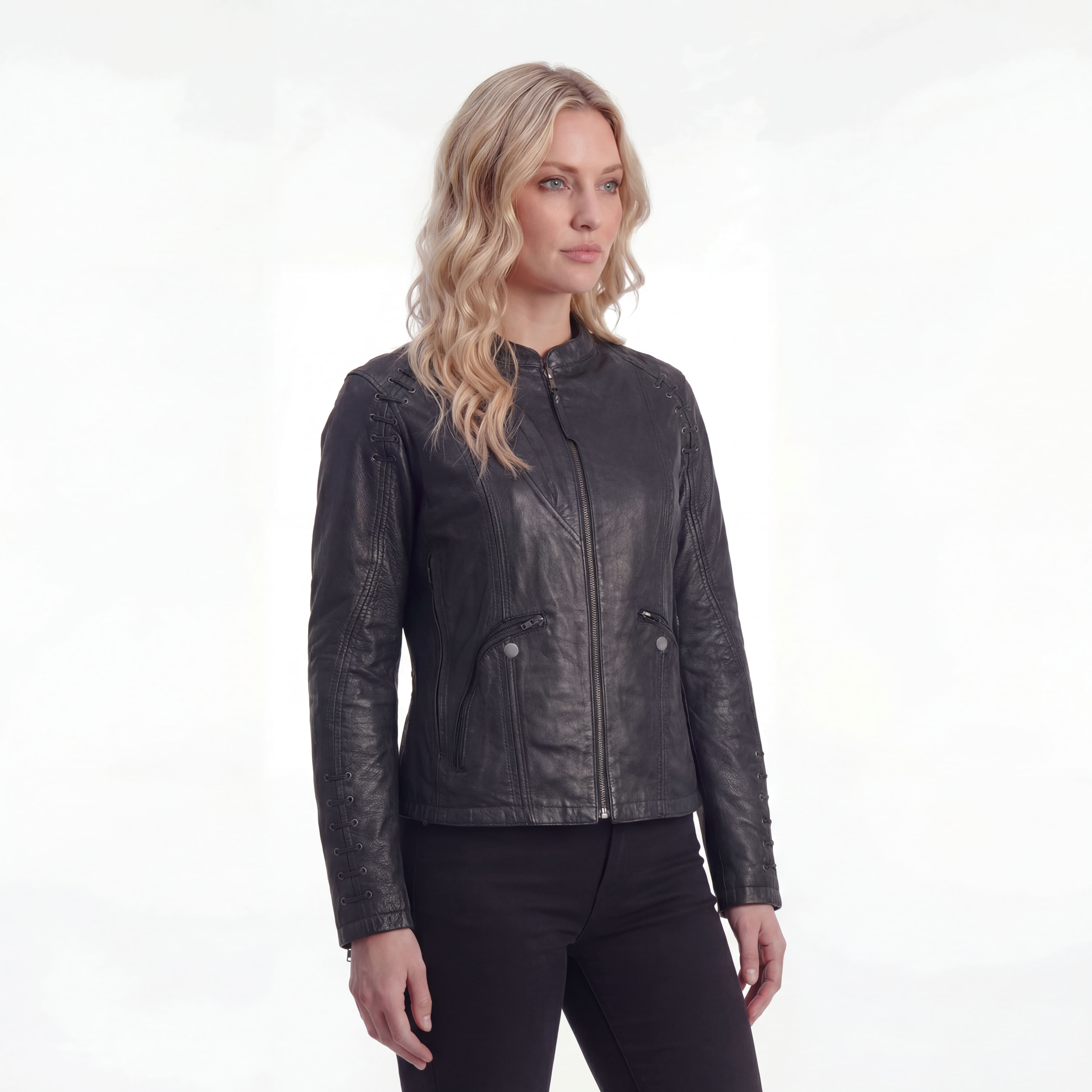 High Mileage Womens Lace and Grommet Detail Black Goatskin Leather Lady Biker Motorcycle Fashion Jacket