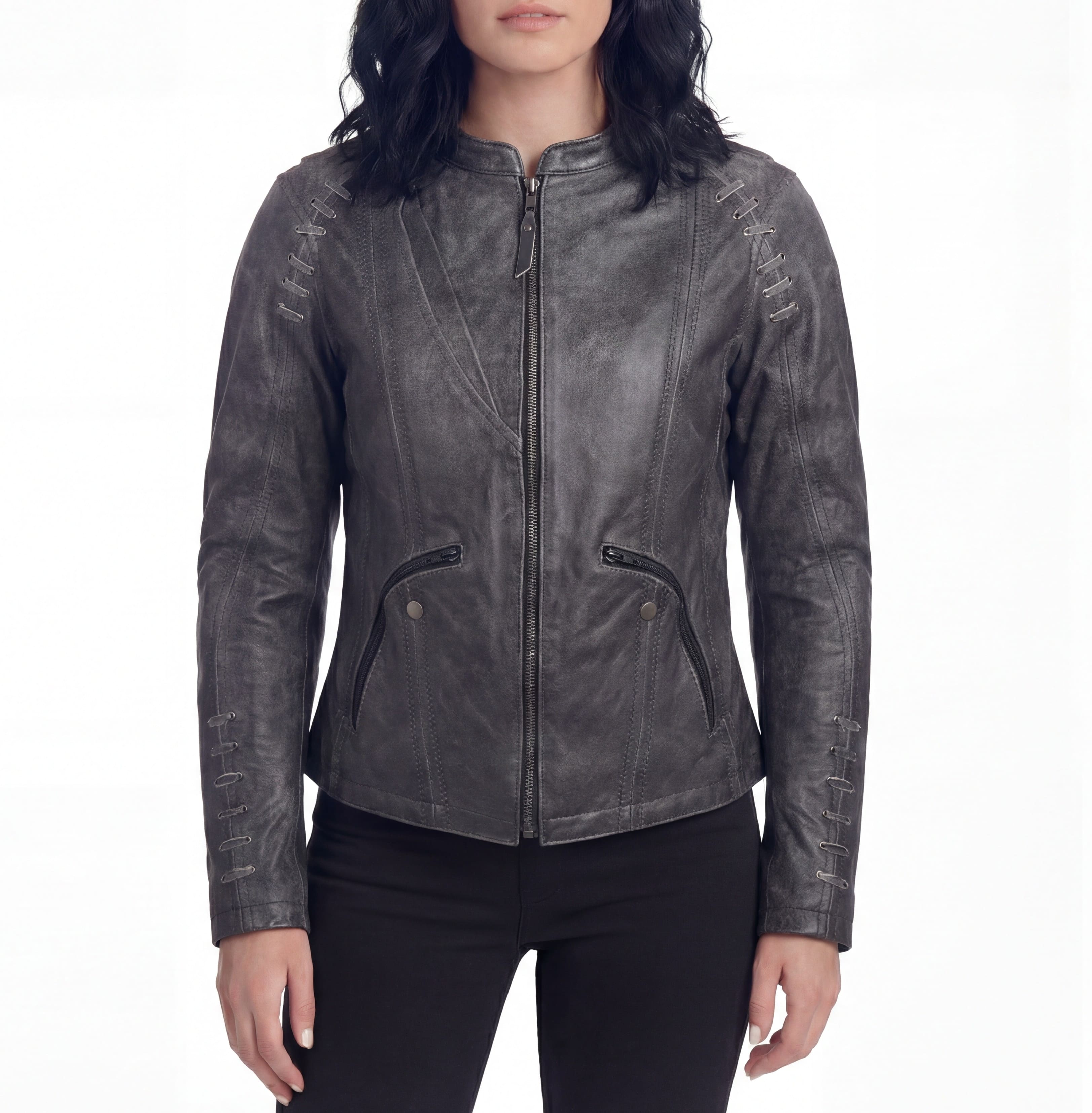 High Mileage Women's Lace and Grommet Detail Distressed Gray Goat Skin Leather Lady Biker Motorcycle Fashion Jacket