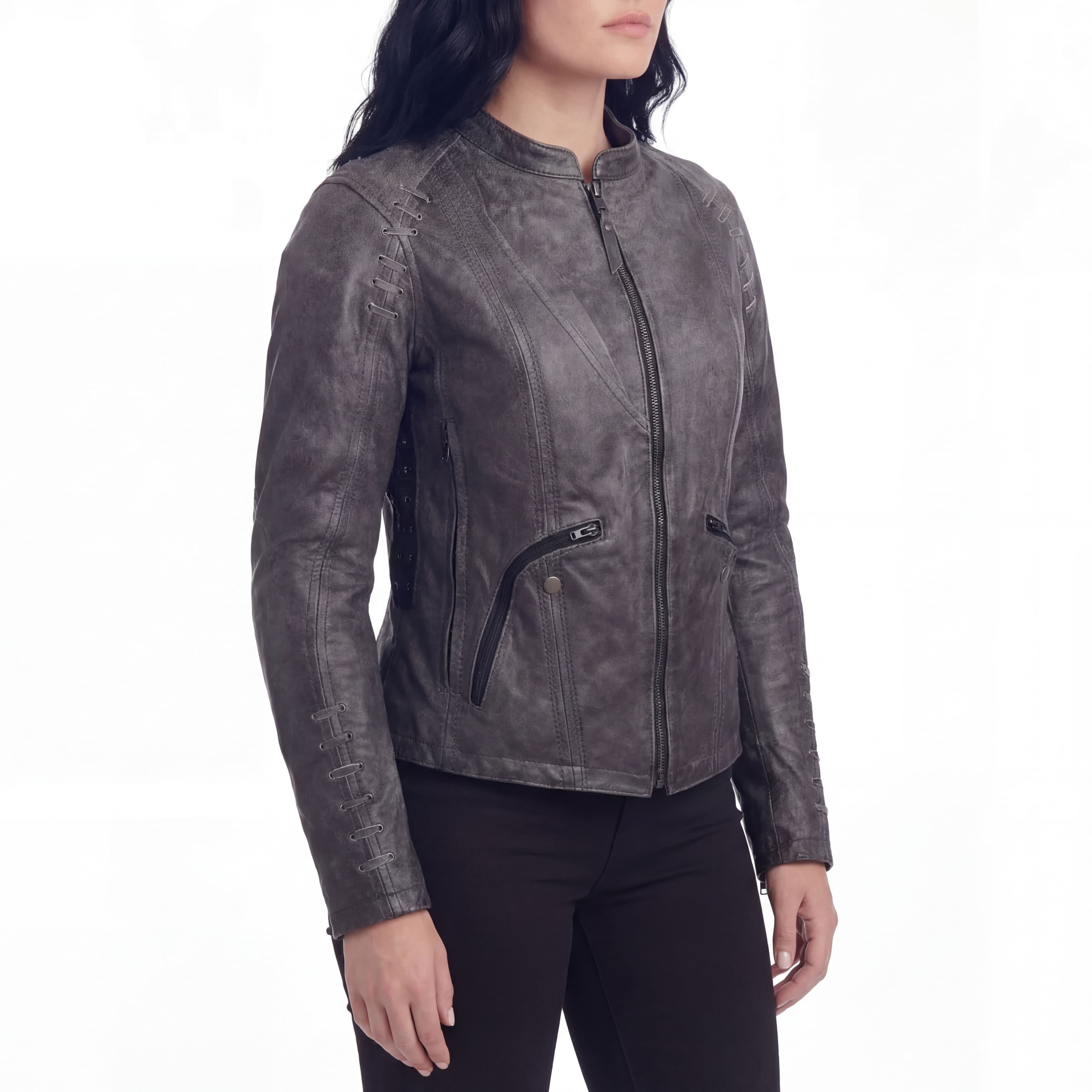 High Mileage Women's Lace and Grommet Detail Distressed Gray Goat Skin Leather Lady Biker Motorcycle Fashion Jacket