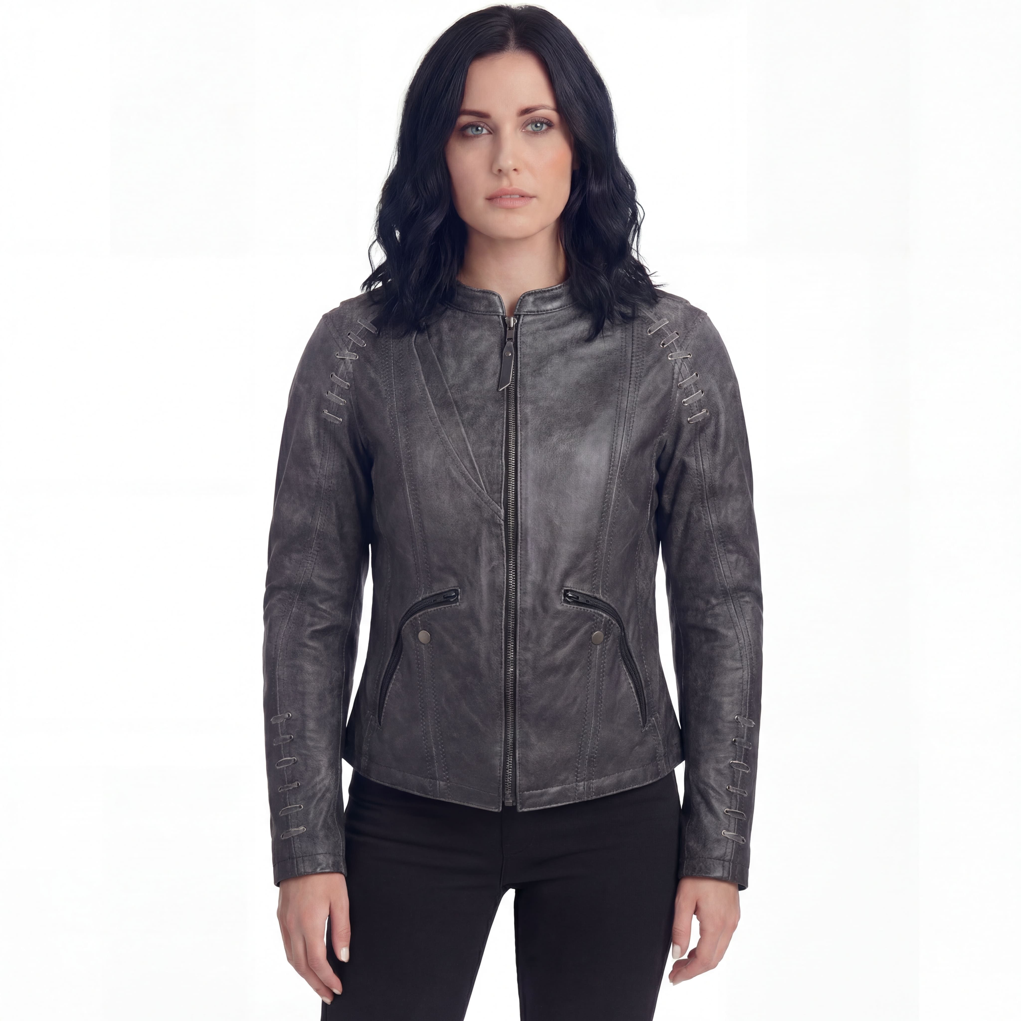 High Mileage Women's Lace and Grommet Detail Distressed Gray Goat Skin Leather Lady Biker Motorcycle Fashion Jacket