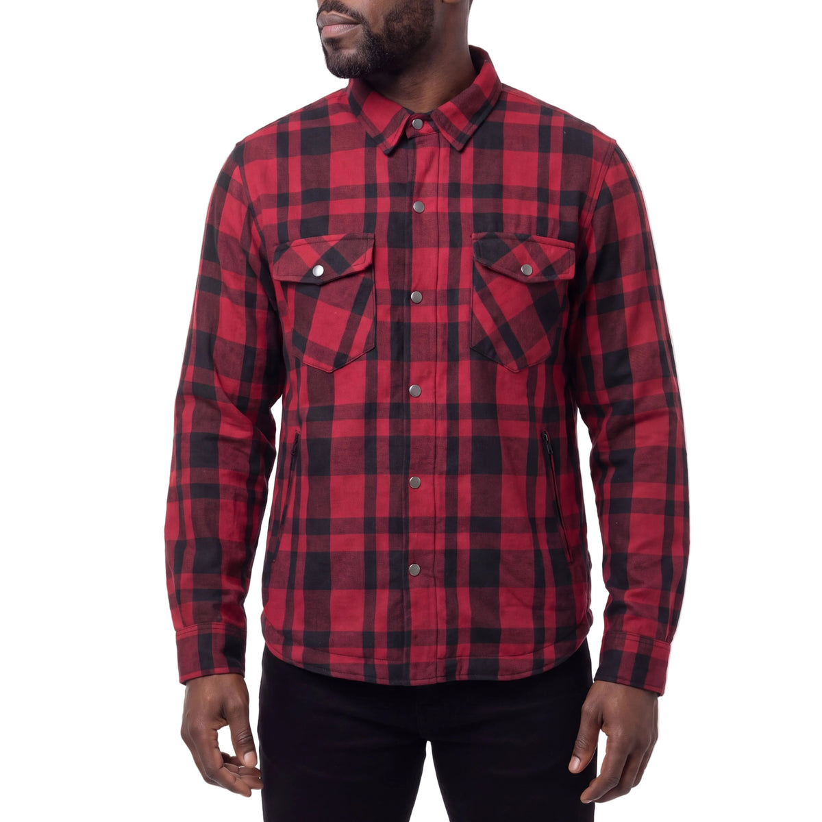 Men’s Armored Motorcycle Flannel Shirt, Armor Reinforced with Kevlar by DuPont - front pose