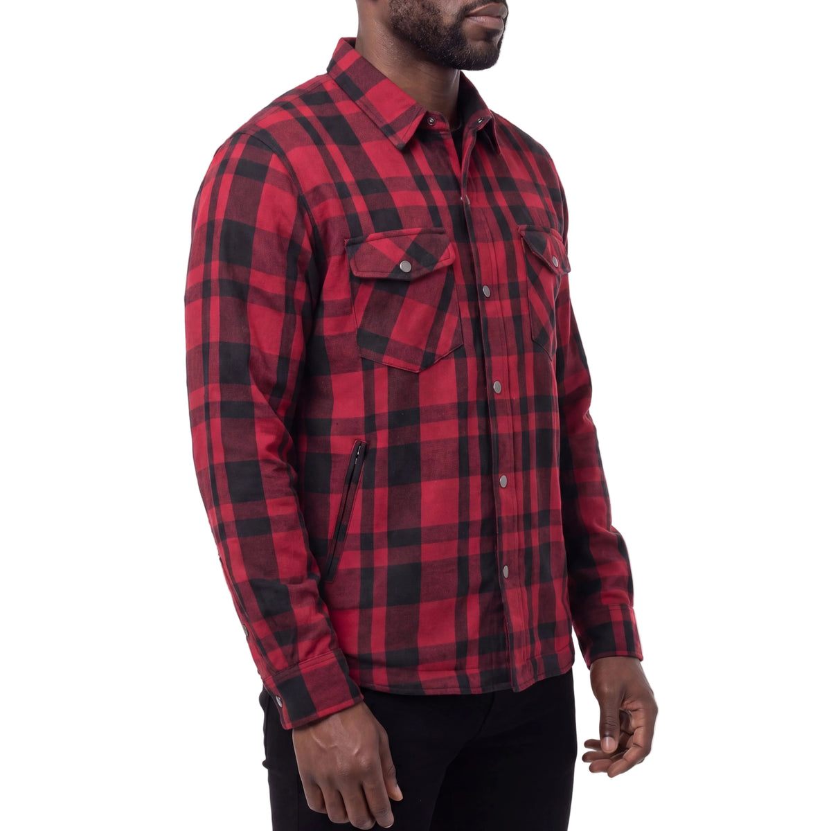 Men’s Armored Motorcycle Flannel Shirt, Armor Reinforced with Kevlar by DuPont - side pose