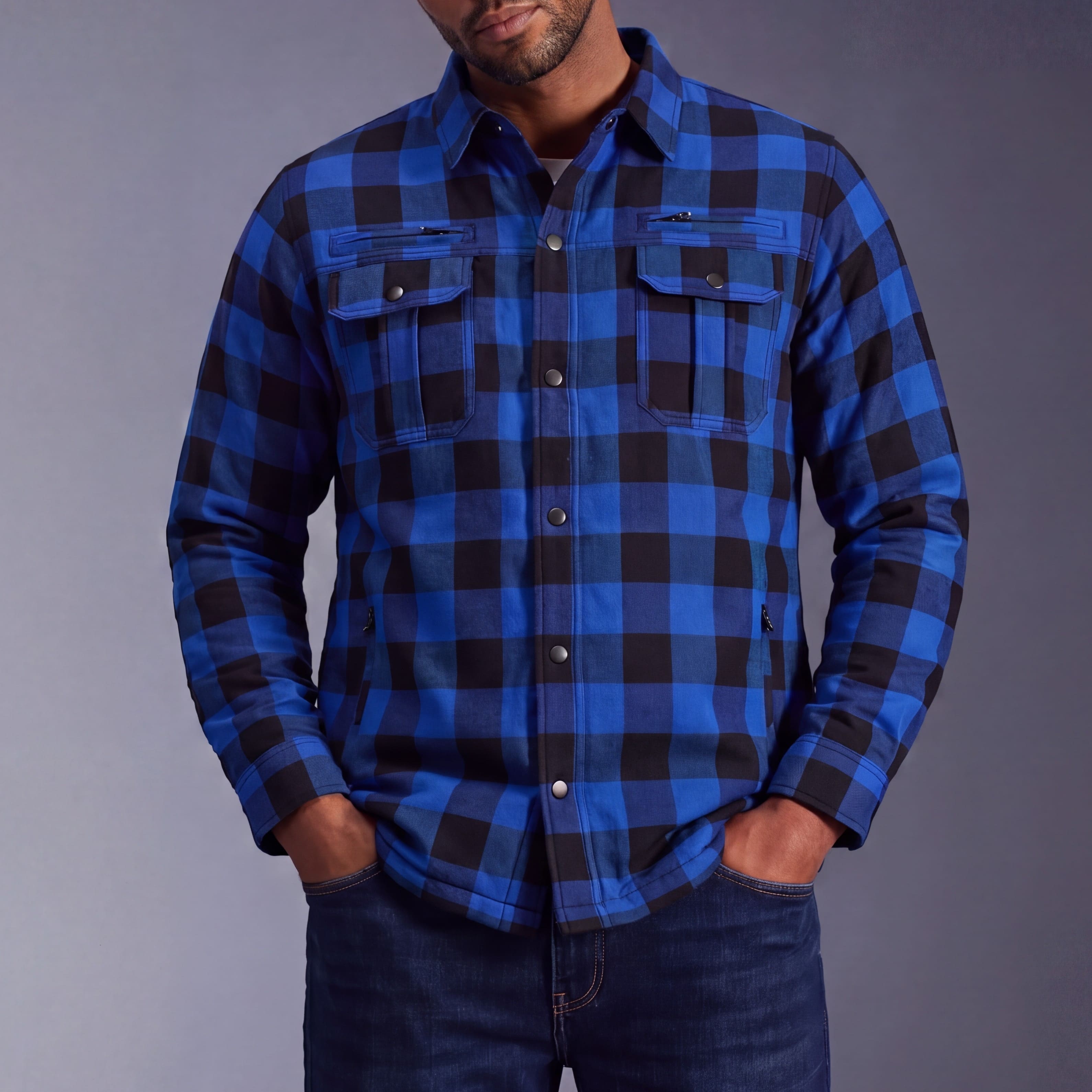 Mens Armored Motorcycle Flannel Shirt, Multiple Waterproof Storage Pockets CE Approved Armor Reinforced by Aramid Fiber - blue front pose