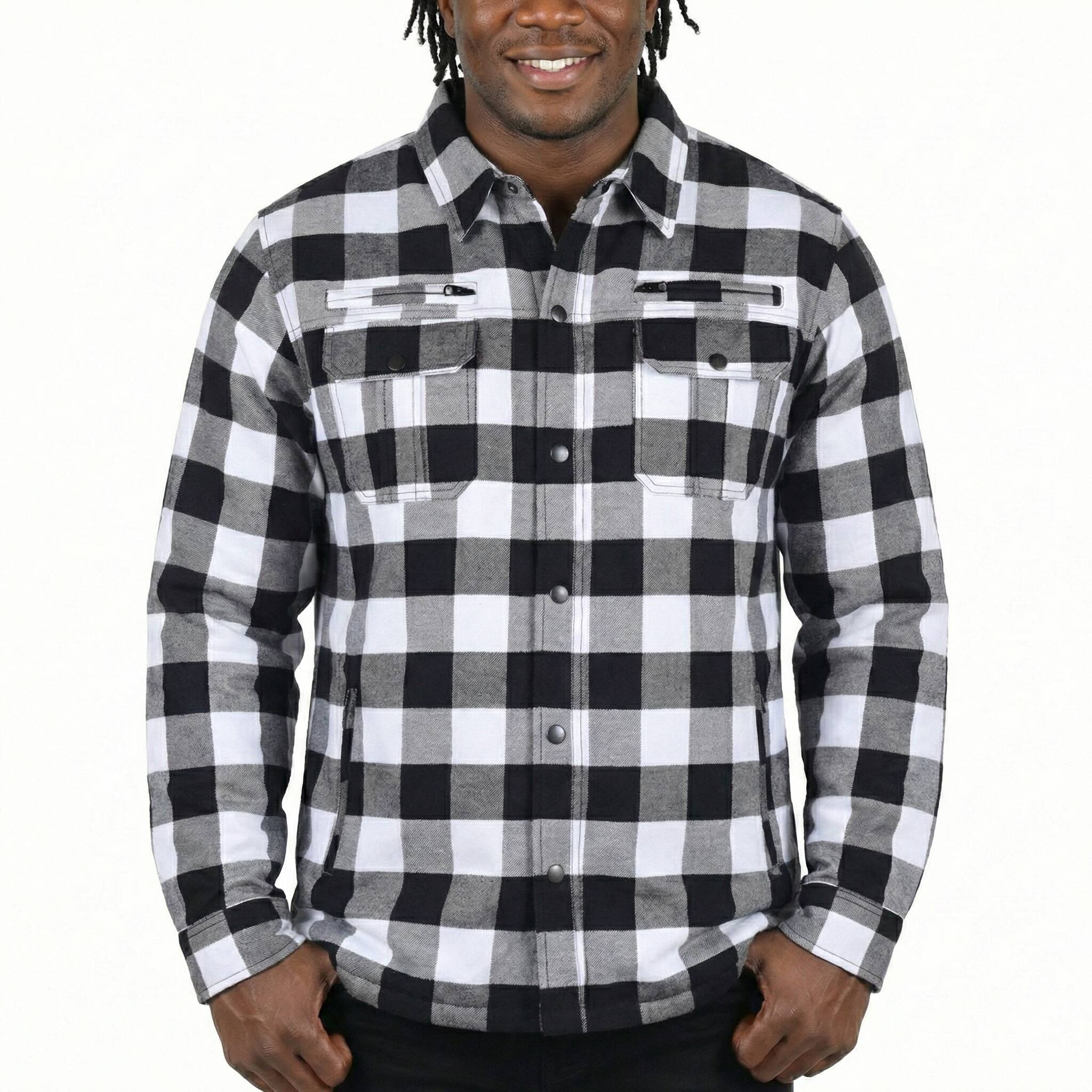 Mens Armored Motorcycle Flannel Shirt, Multiple Waterproof Storage Pockets CE Approved Armor Reinforced by Aramid Fiber - White/Black - Pic