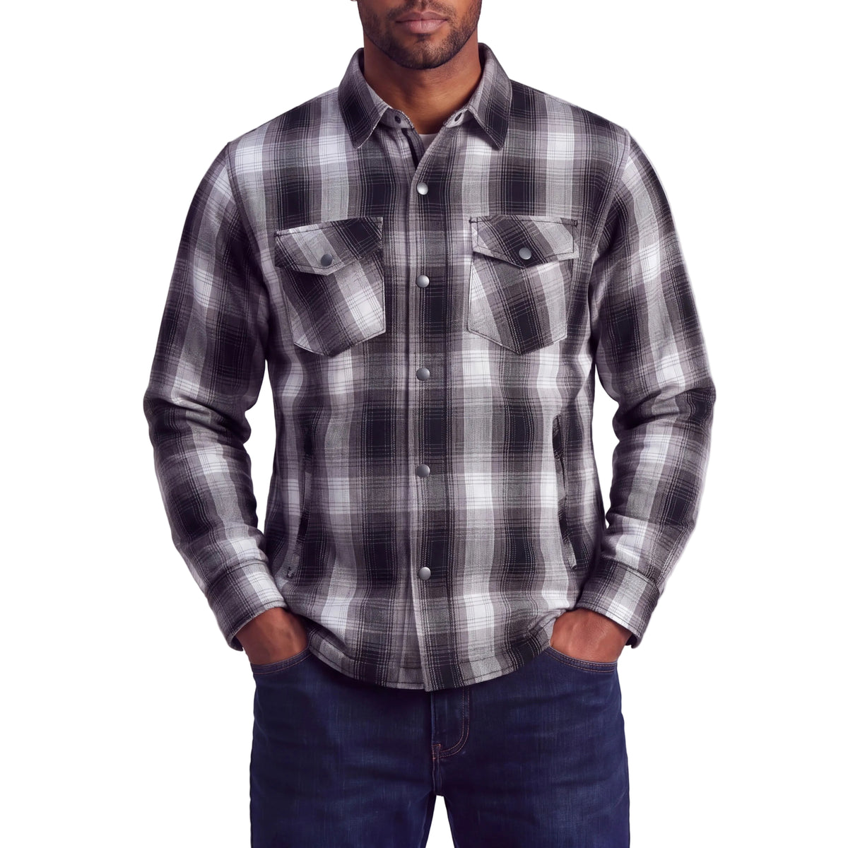 Men’s Timberwolf Armored Flannel Motorcycle Shirt w/Underarm Ventilation & CE Approved Armor Reinforced w/Aramid Fiber - front pose