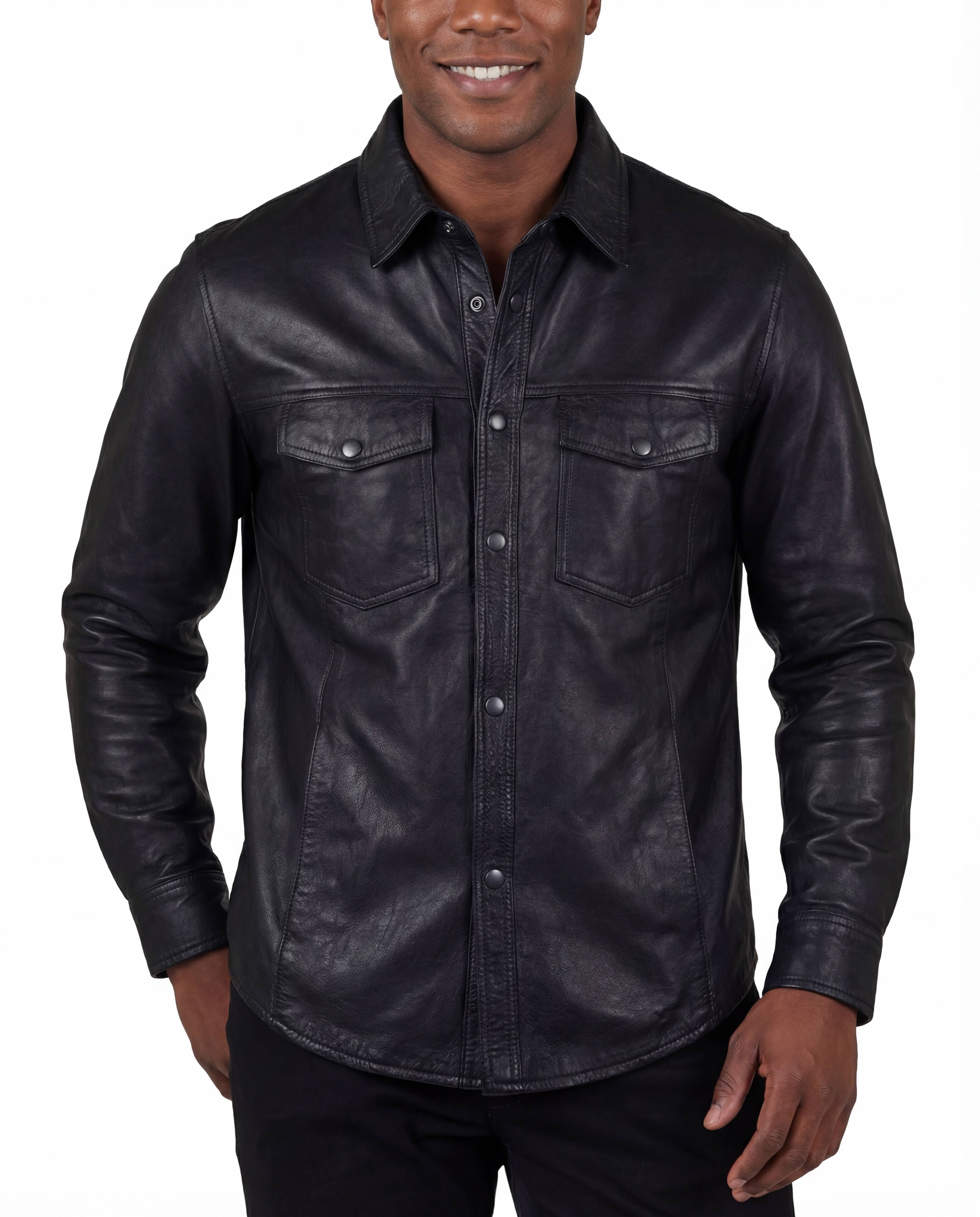 High Mileage Mens Concealed Carry Black Premium Cowhide Biker Motorcycle Leather Shirt - PIc