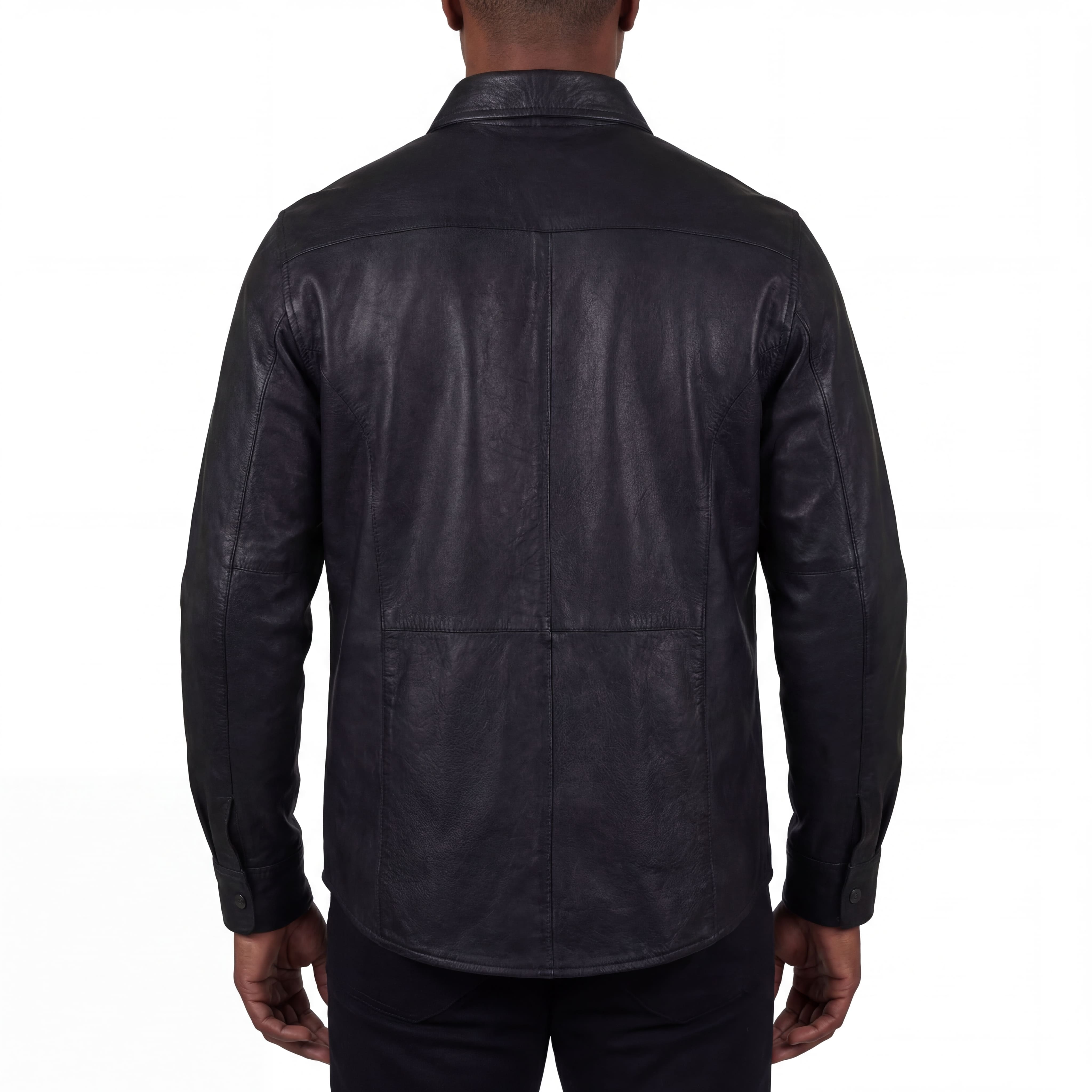 High Mileage Mens Concealed Carry Black Premium Cowhide Biker Motorcycle Leather Shirt - Back Pose